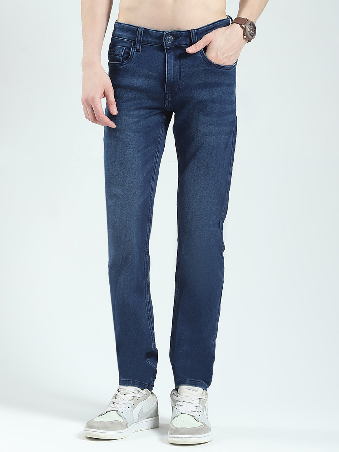 Men Navy Blue Solid Regular Fit Denim