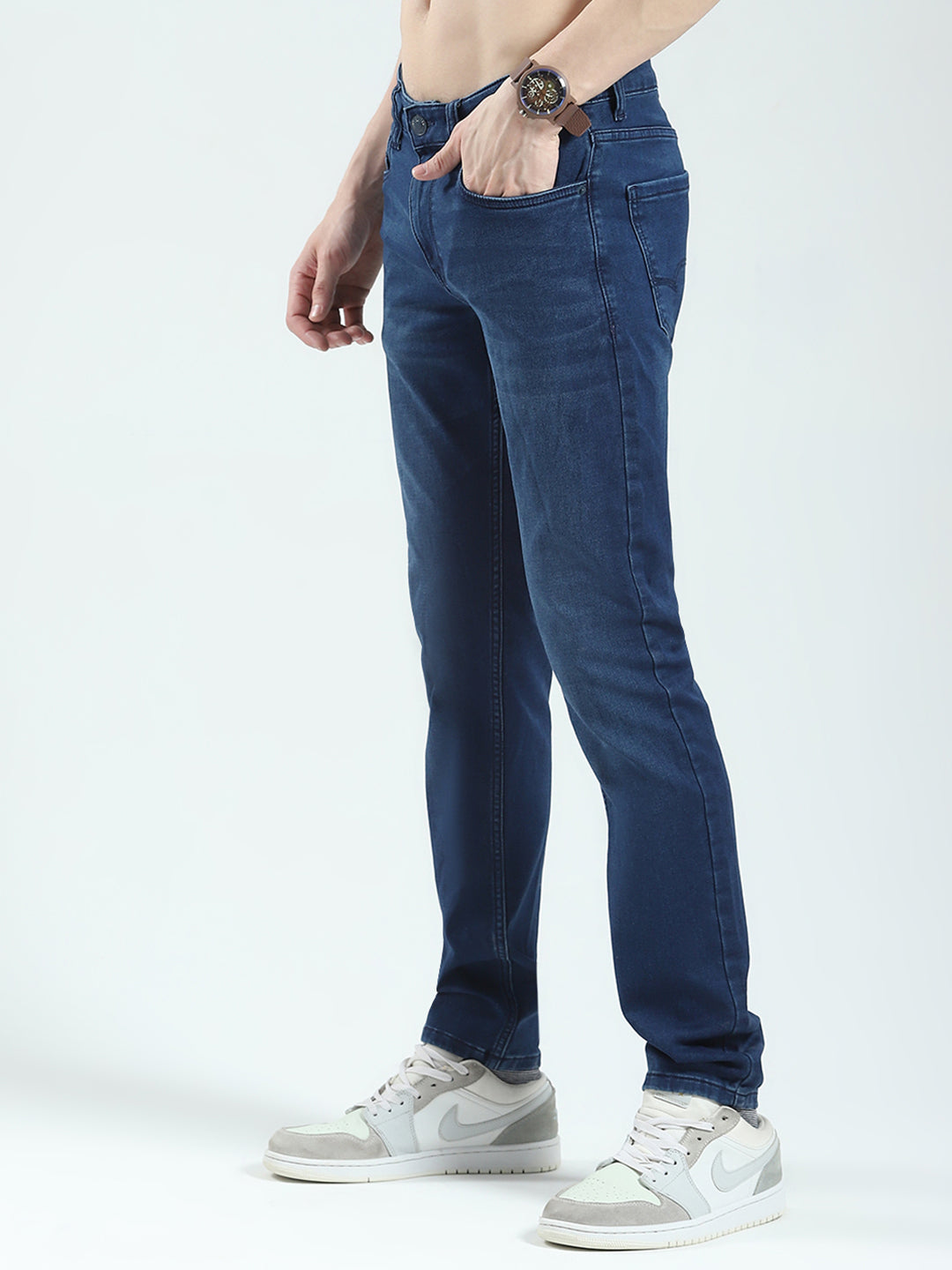 Men Navy Blue Solid Regular Fit Denim