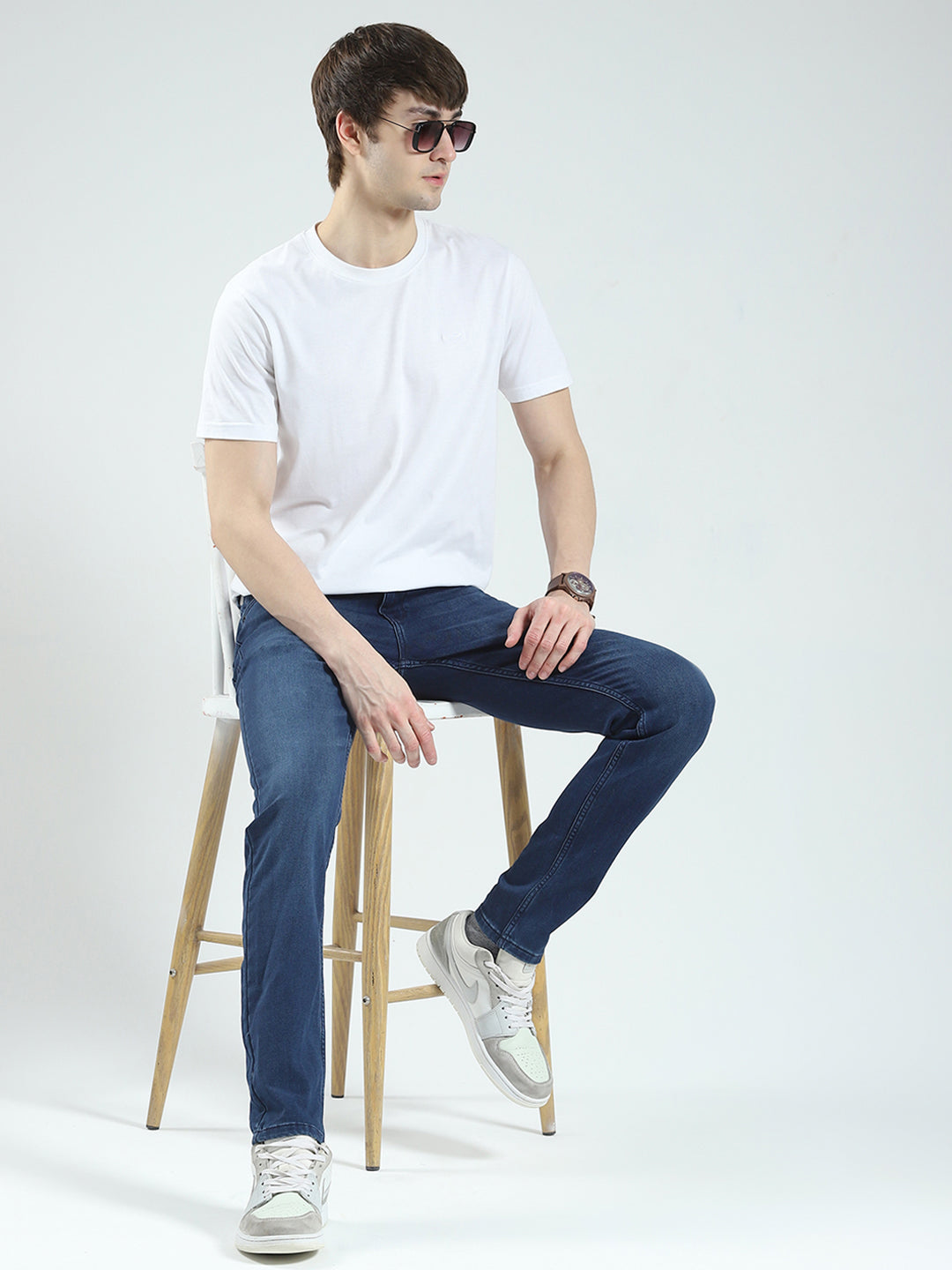 Men Navy Blue Solid Regular Fit Denim