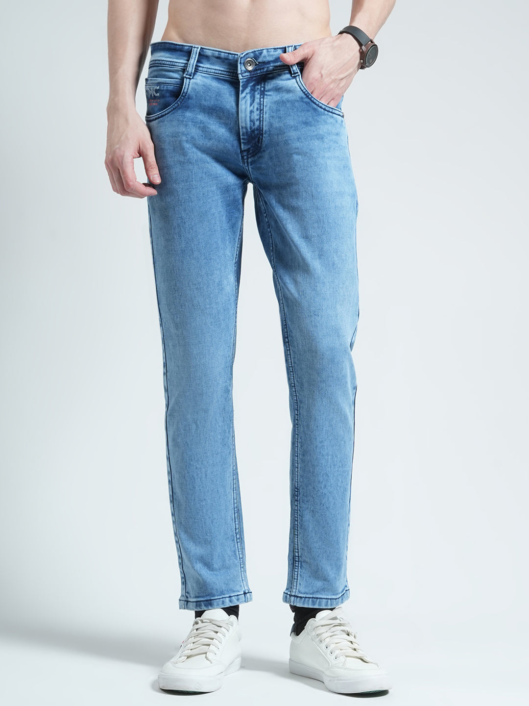 Men Blue Solid Regular Fit Denim
