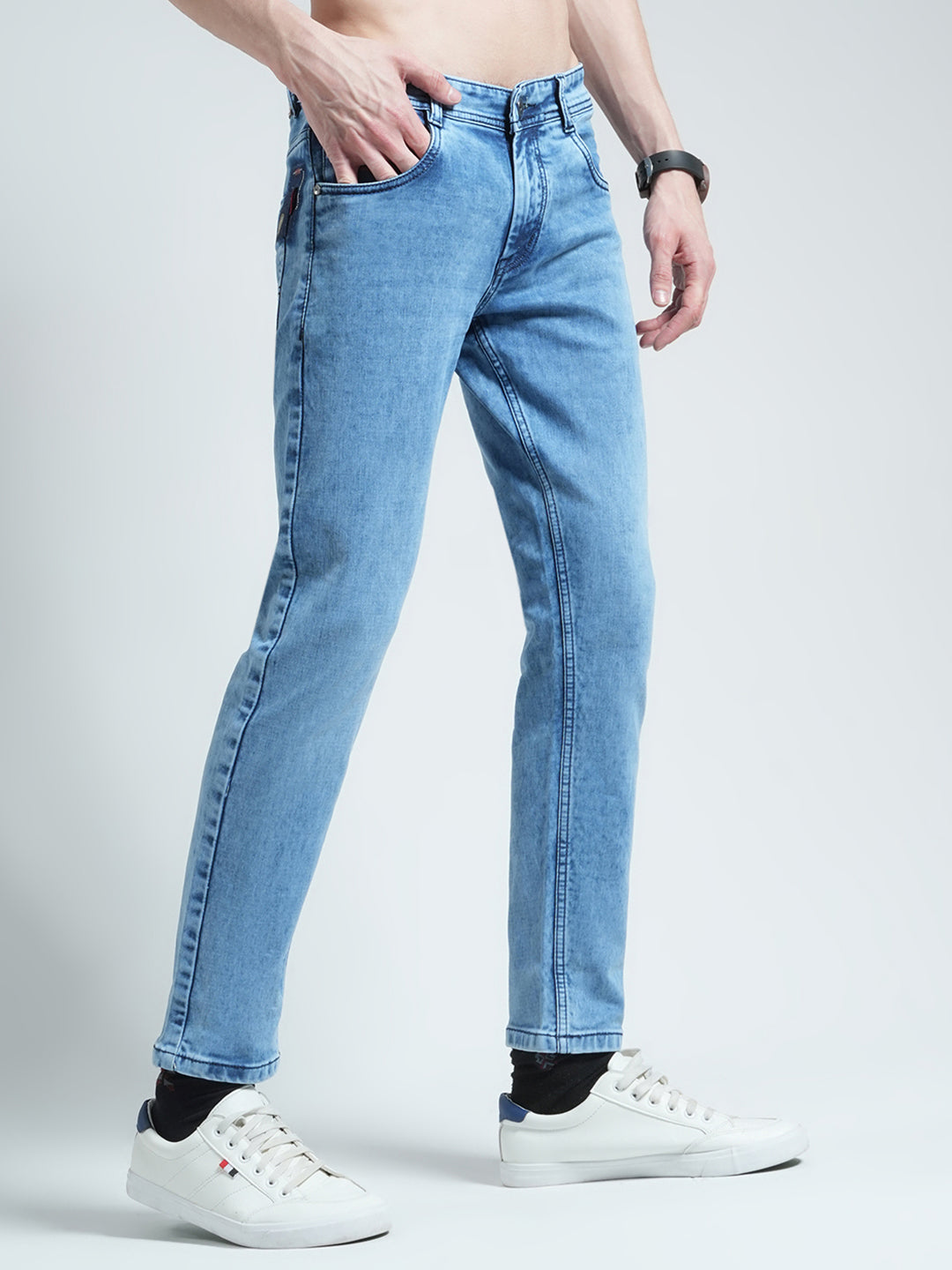 Men Blue Solid Regular Fit Denim