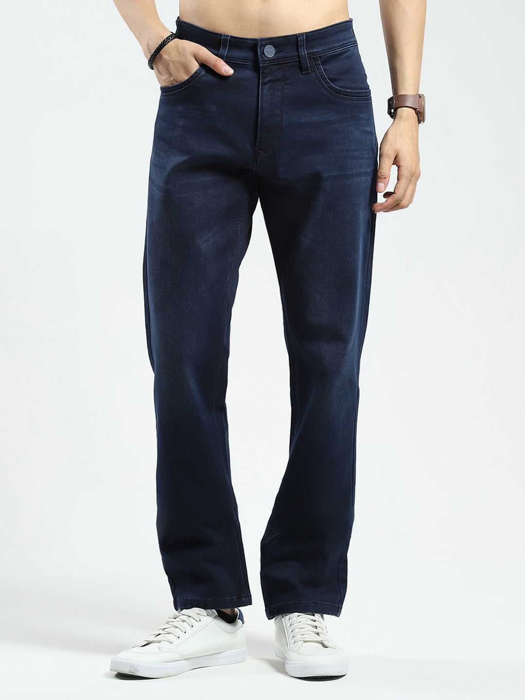 Men Blue Solid Regular Fit Denim