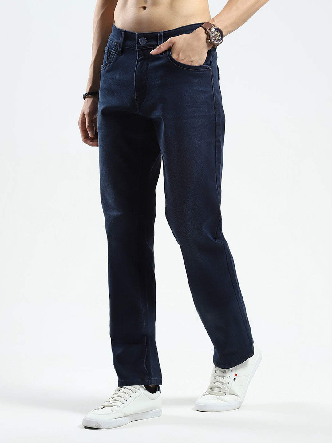 Men Blue Solid Regular Fit Denim