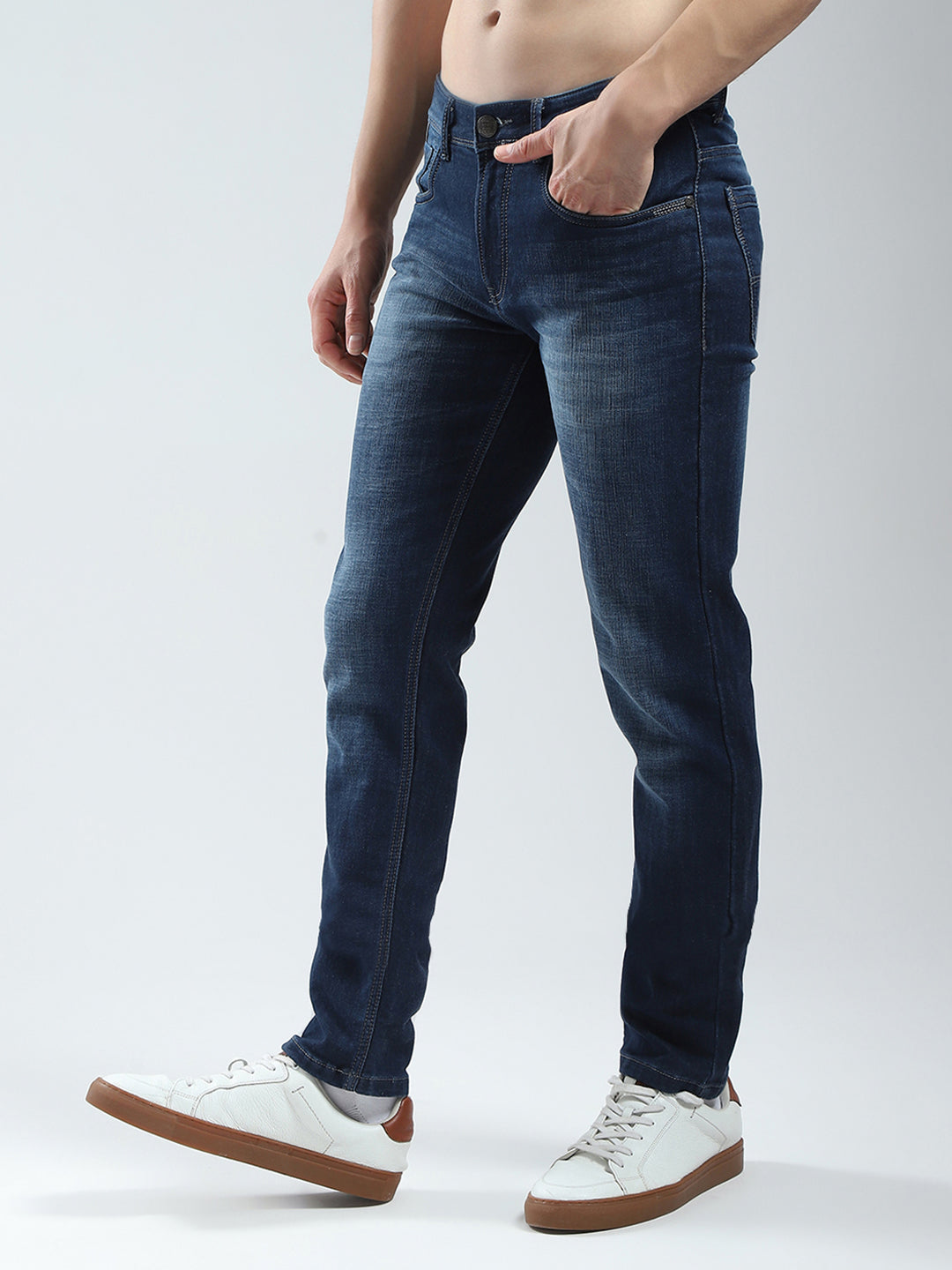 Men Blue Solid Regular Fit Denim