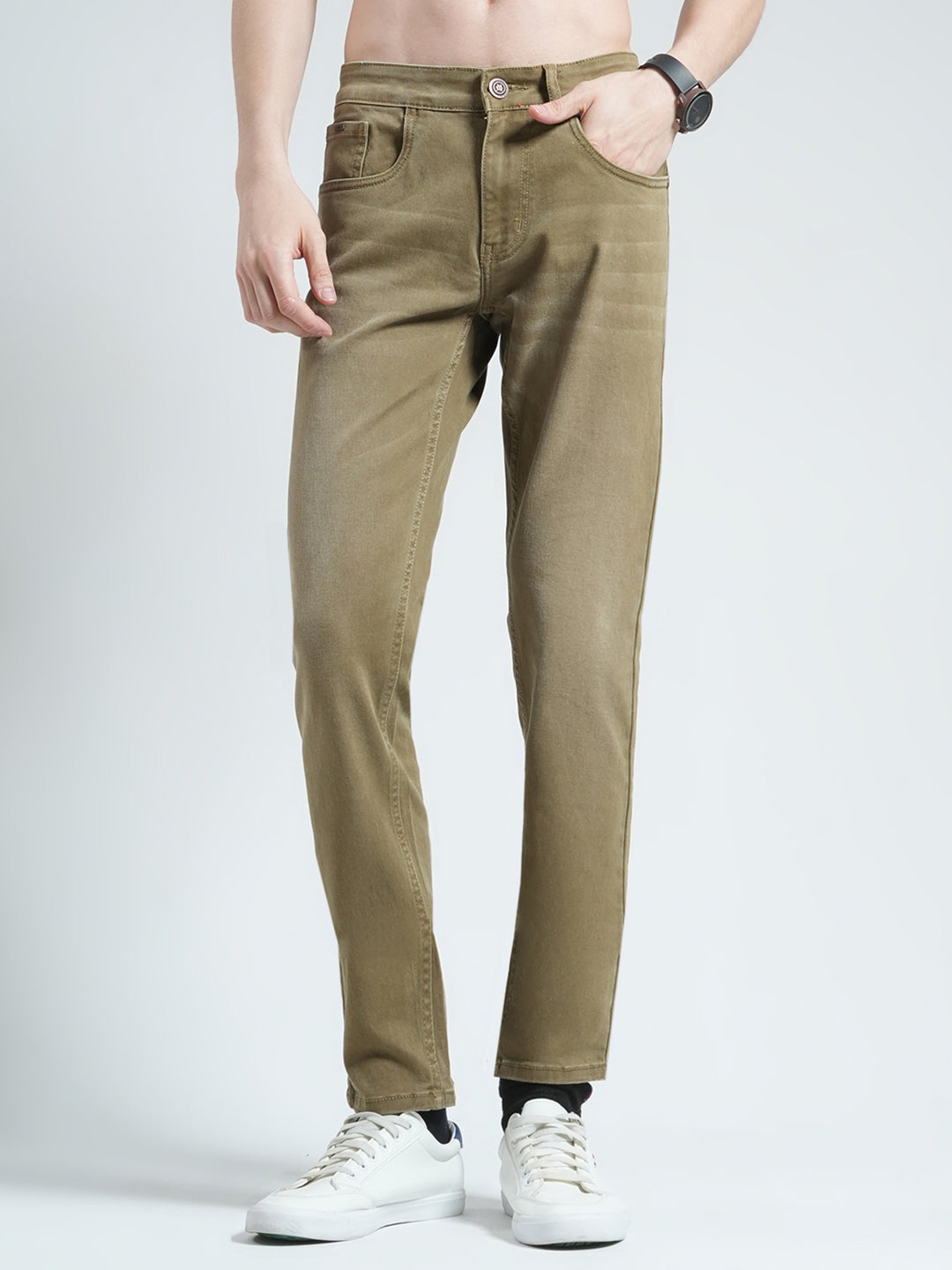 Men Khaki Solid Regular Fit Denim
