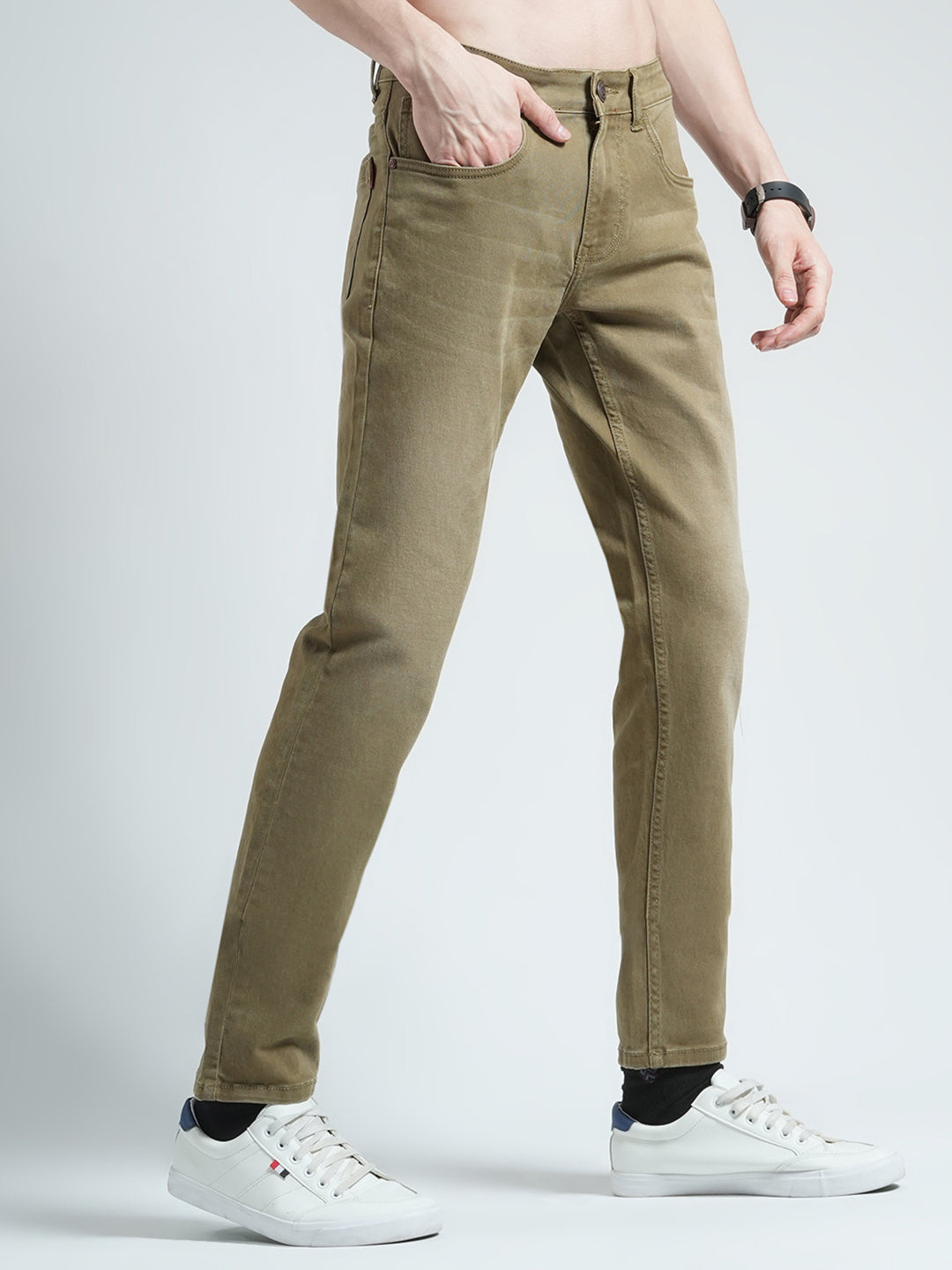 Men Khaki Solid Regular Fit Denim