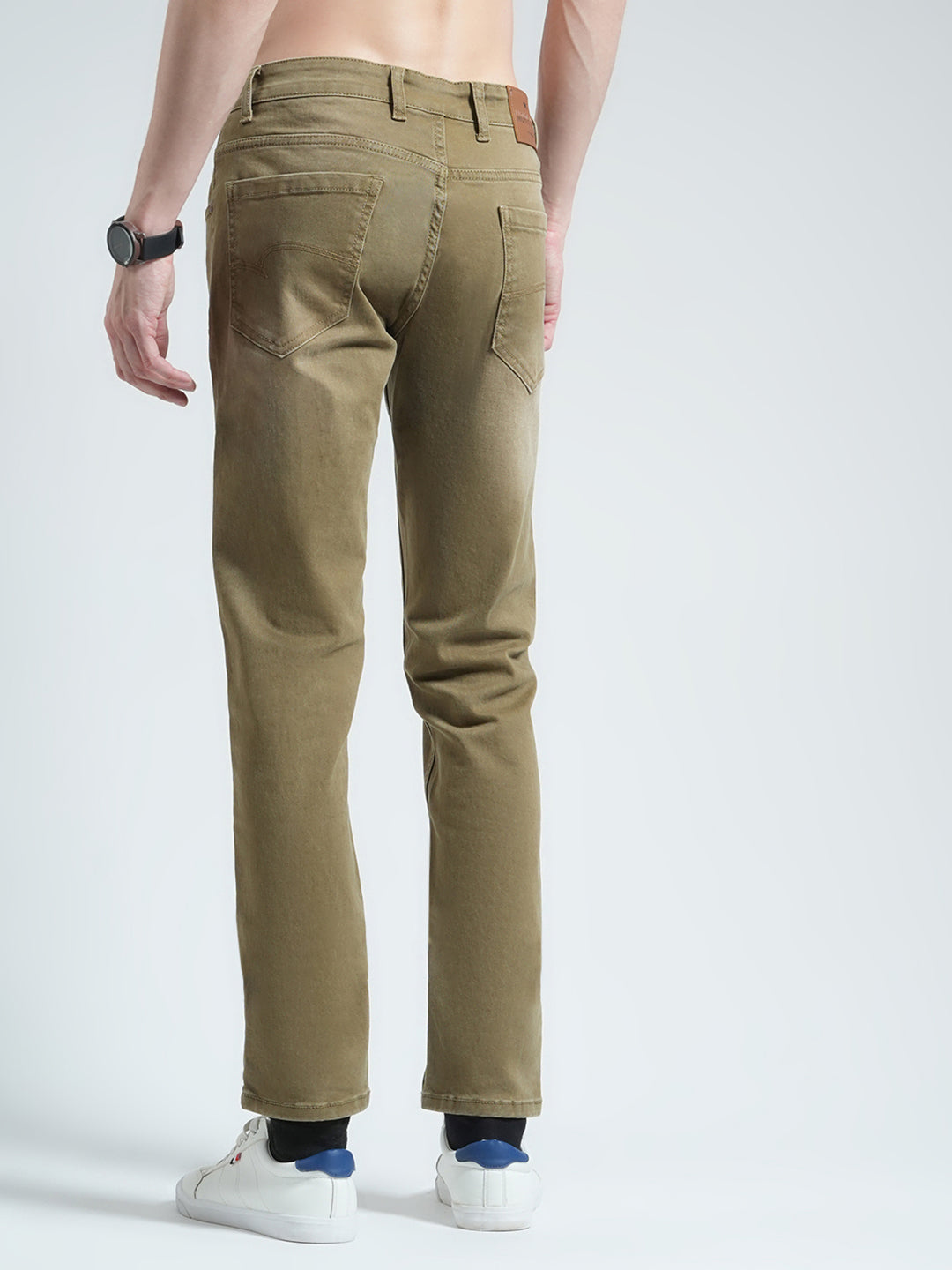 Men Khaki Solid Regular Fit Denim