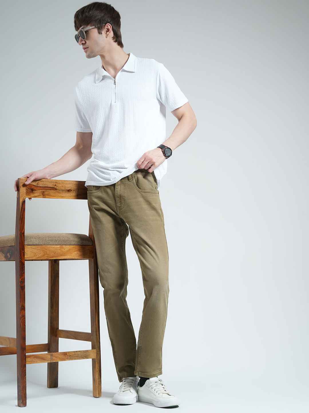 Men Khaki Solid Regular Fit Denim