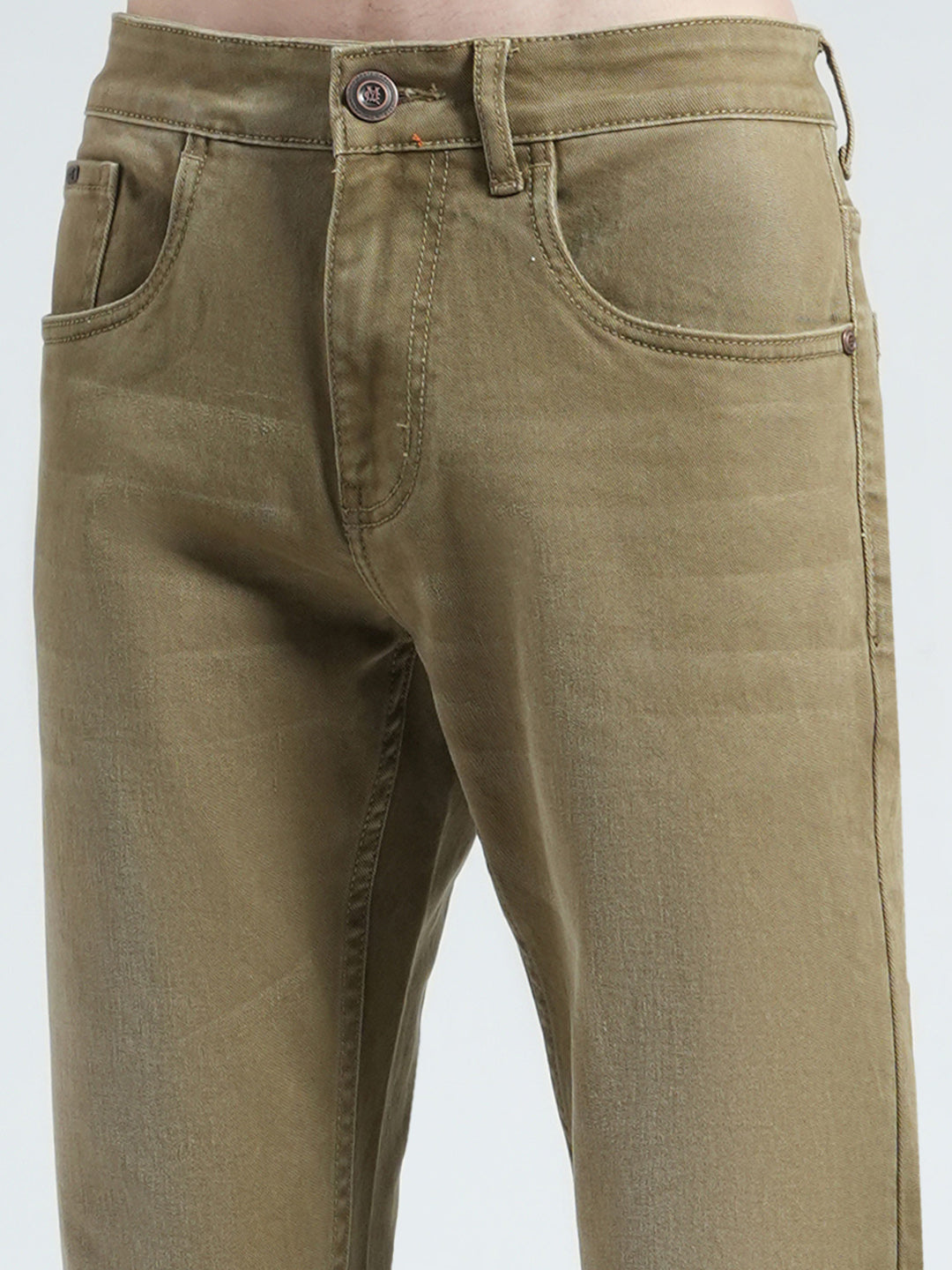 Men Khaki Solid Regular Fit Denim