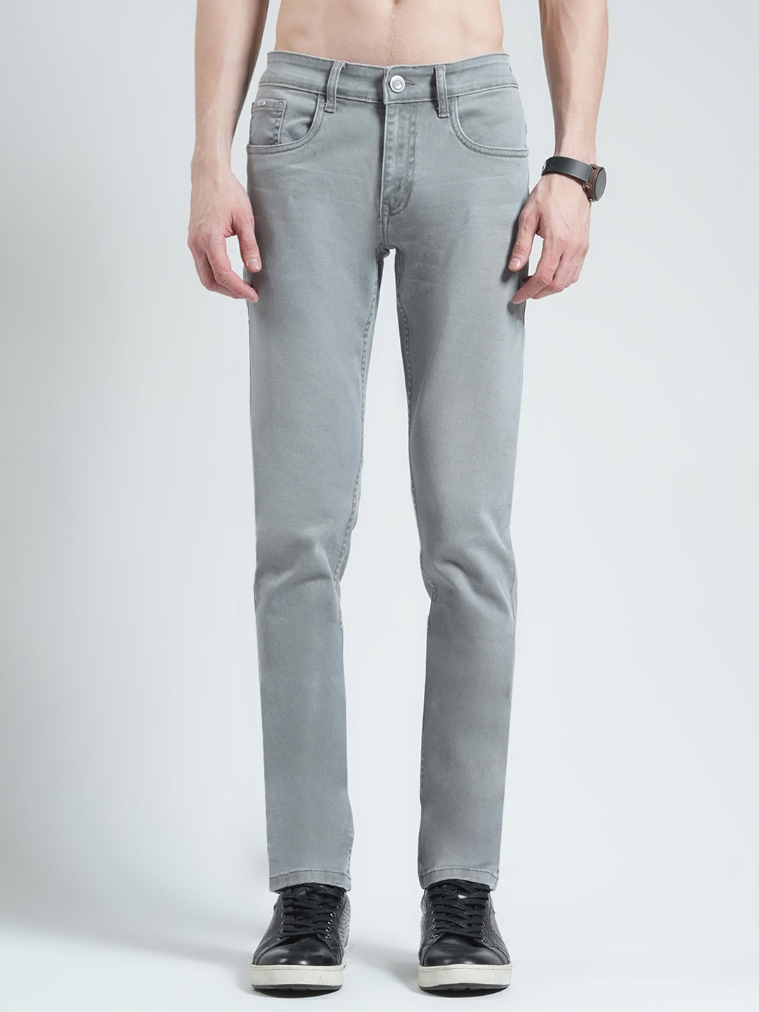 Men Grey Solid Regular Fit Denim