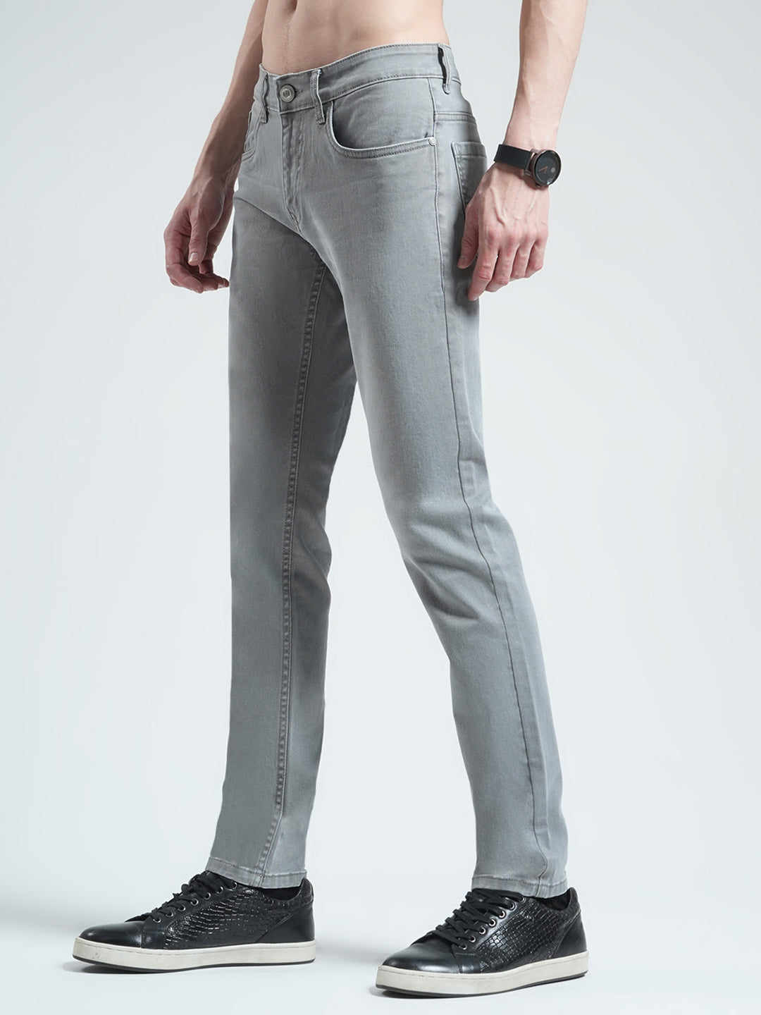 Men Grey Solid Regular Fit Denim