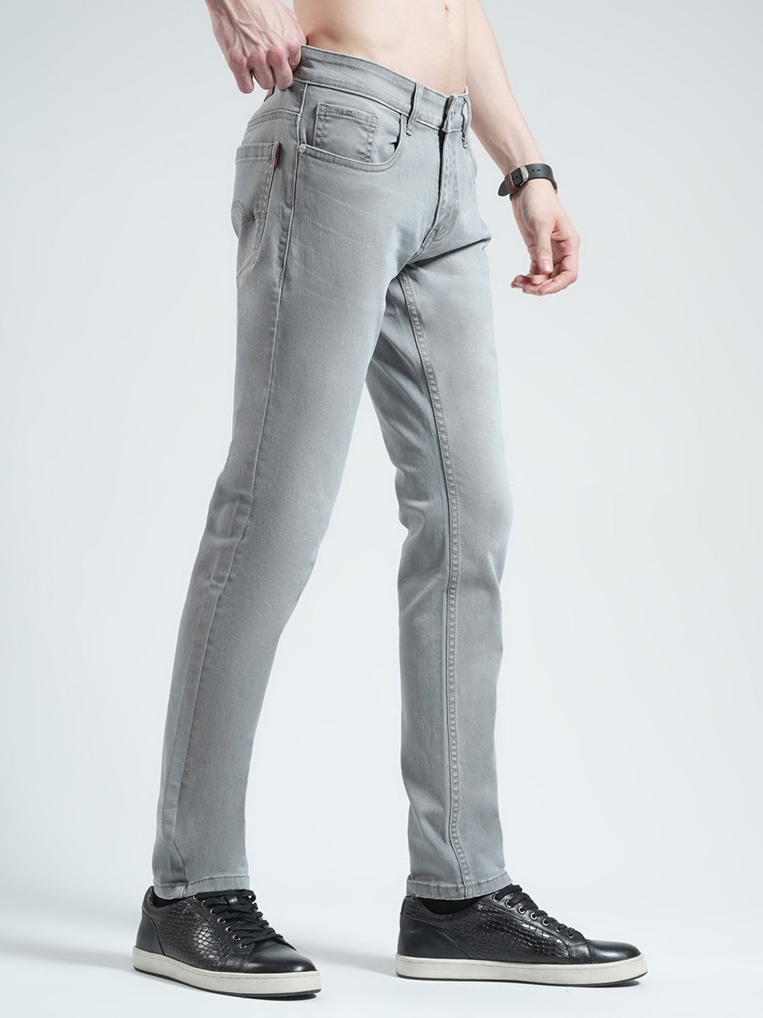 Men Grey Solid Regular Fit Denim