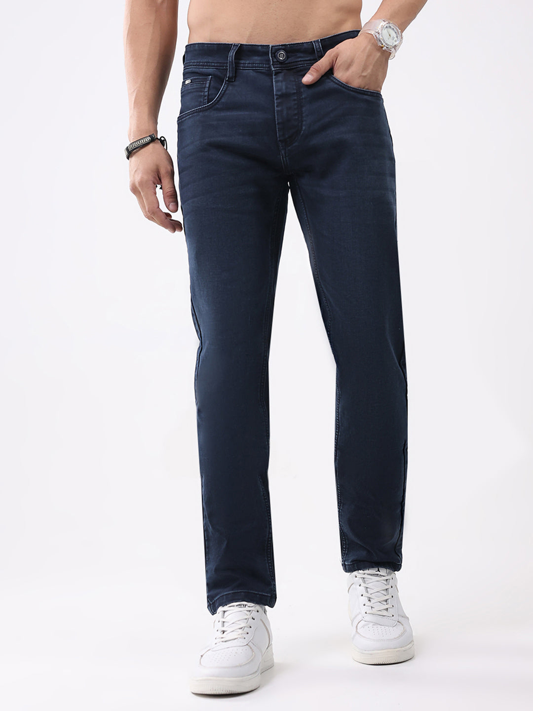 Men Blue Solid Narrow Fit Denim