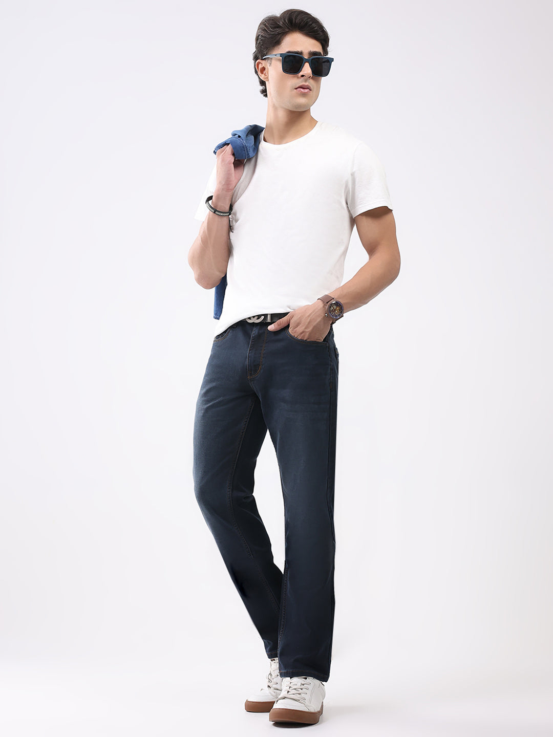 Men Dark Blue Solid Straight Fit Denim