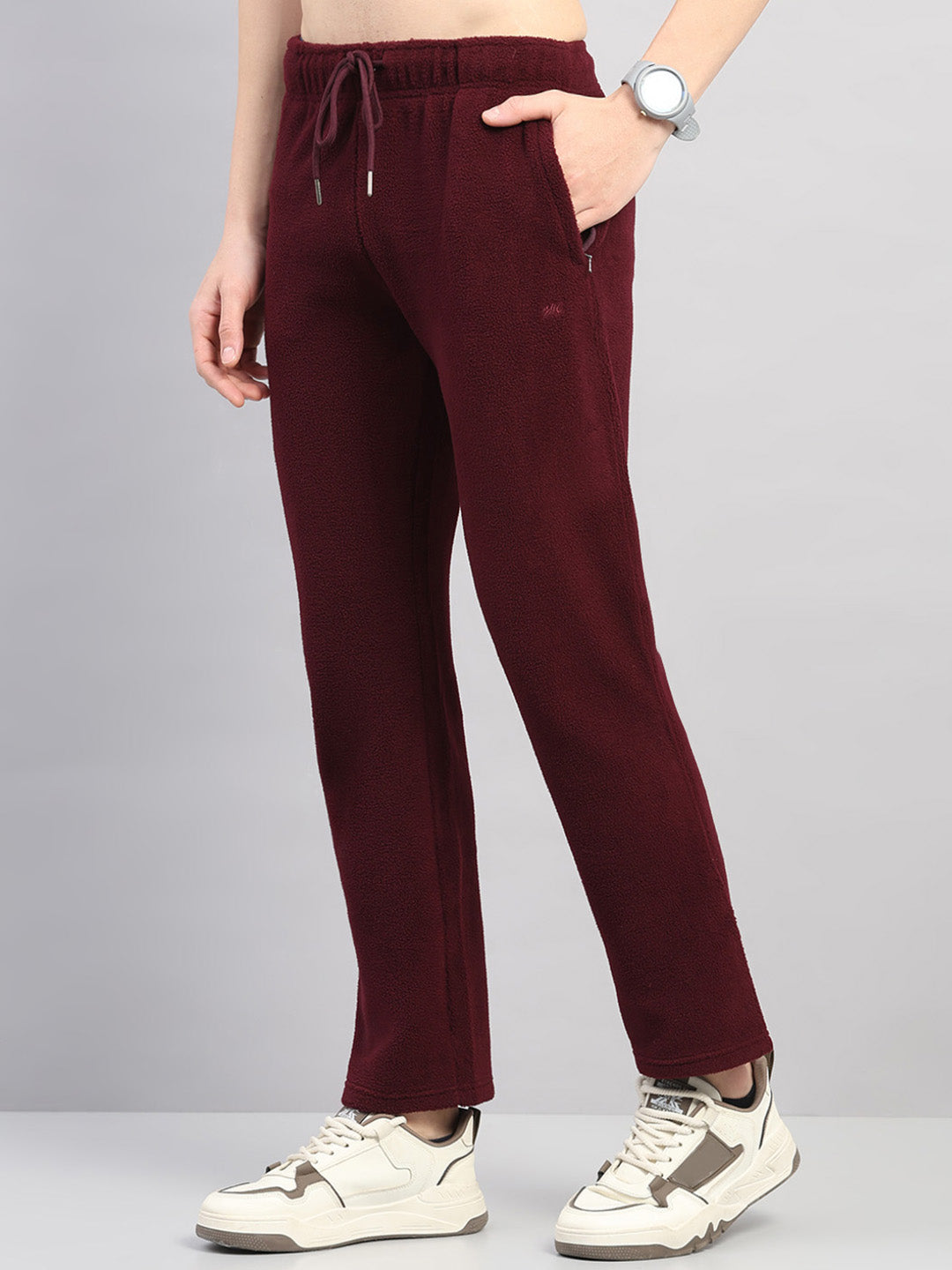 Men Maroon Solid Hooded Full Sleeve Winter Tracksuit