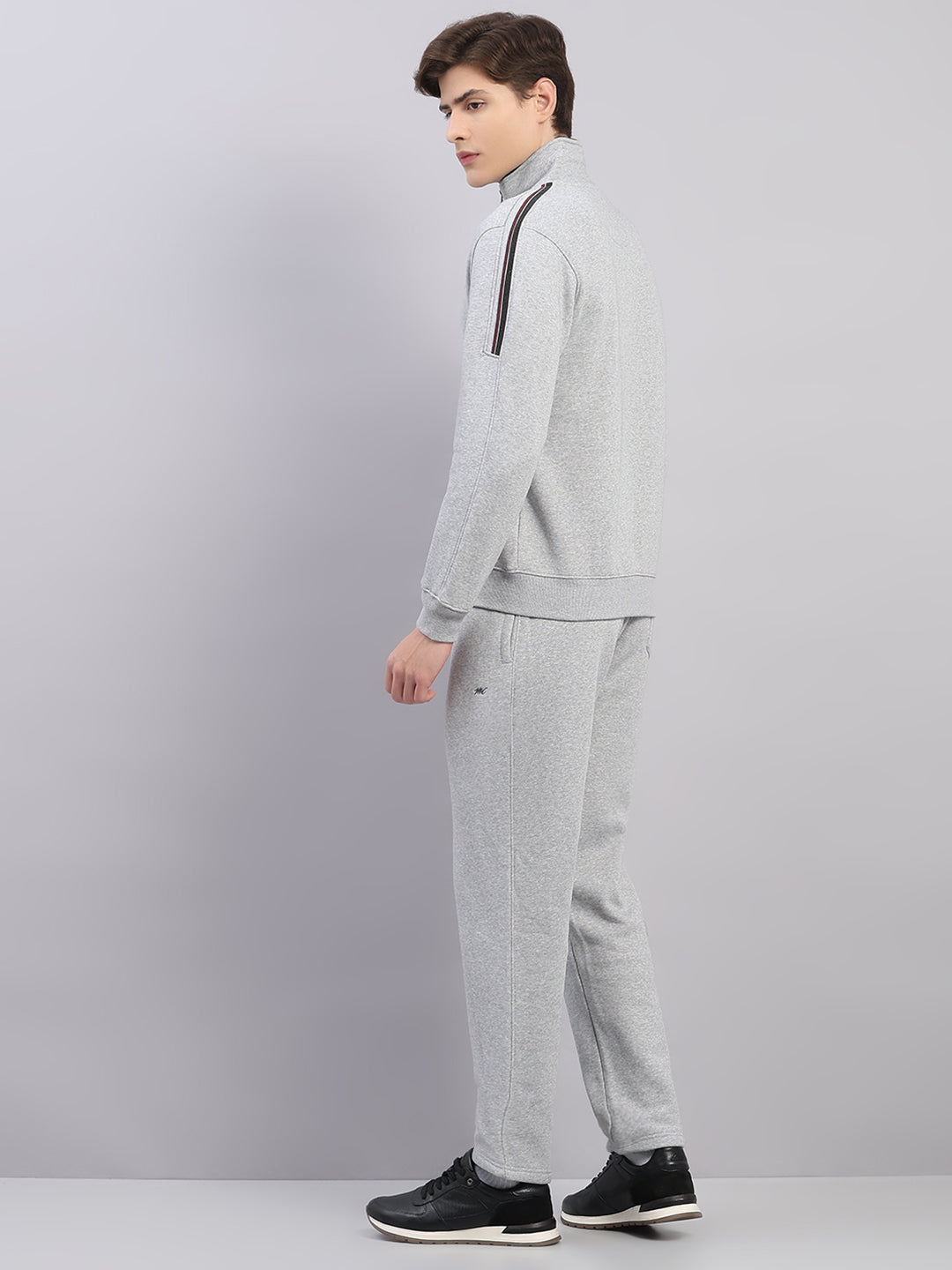 Men Grey Solid Stand Collar Full Sleeve Winter Tracksuit