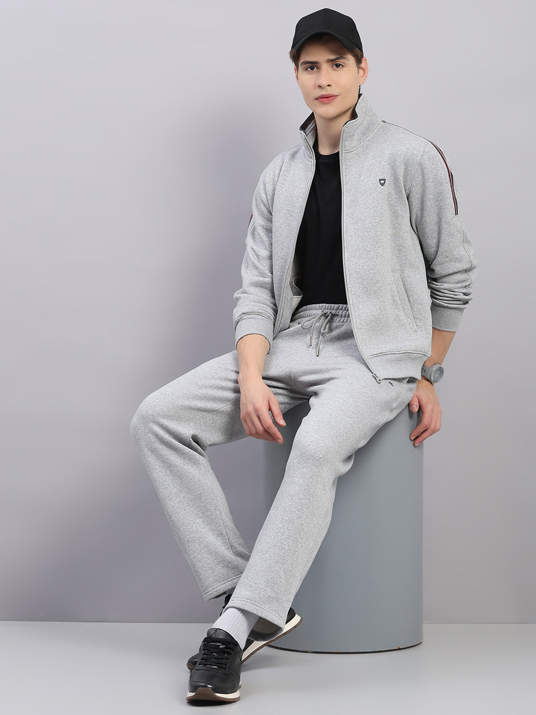 Men Grey Solid Stand Collar Full Sleeve Winter Tracksuit