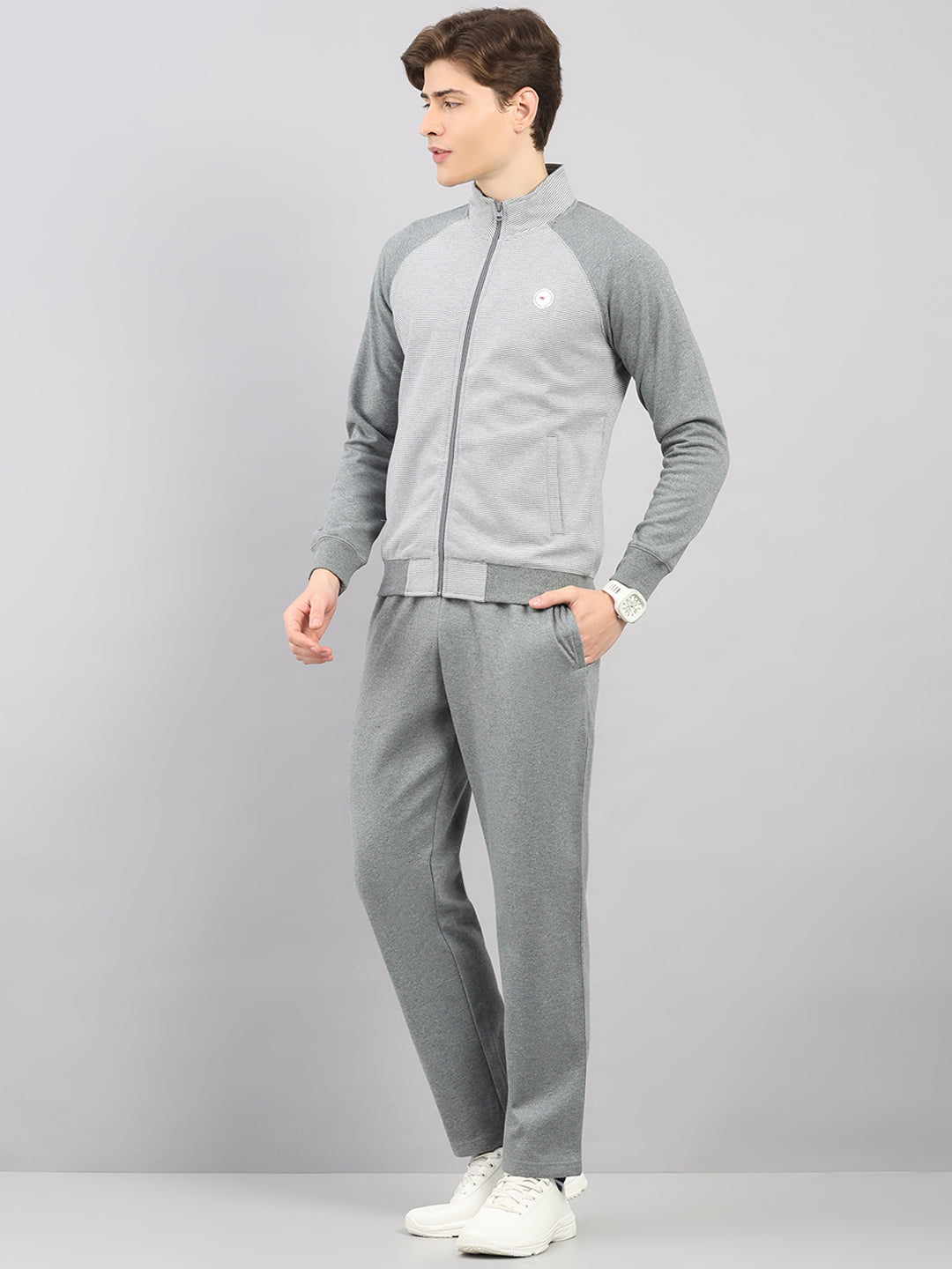 Men Grey Stripe Stand Collar Full Sleeve Winter Tracksuit