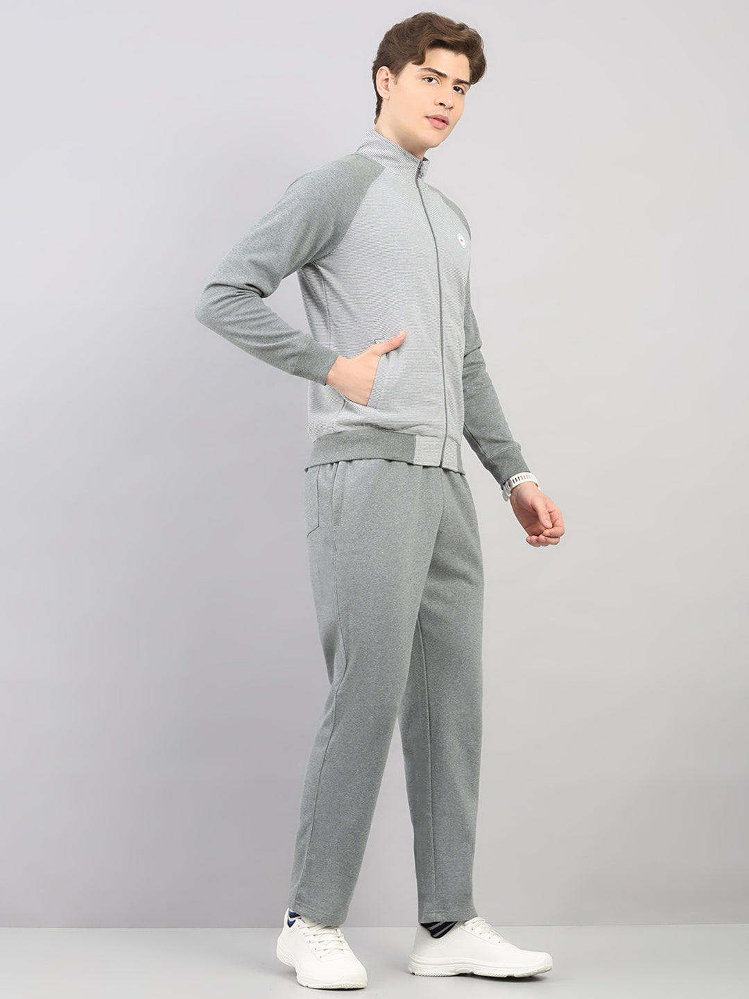 Men Grey Stripe Stand Collar Full Sleeve Winter Tracksuit