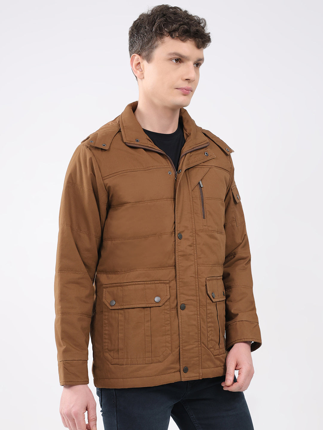 Men Brown Solid Hooded Full Sleeve Jacket
