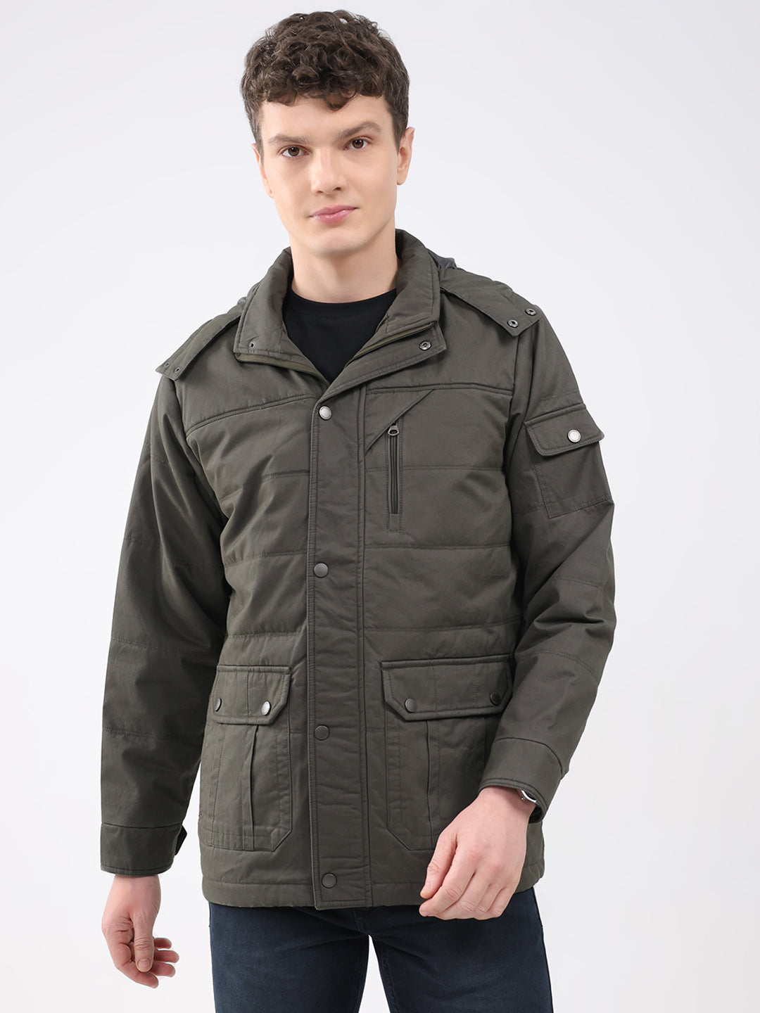 Men Green Solid Hooded Full Sleeve Jacket