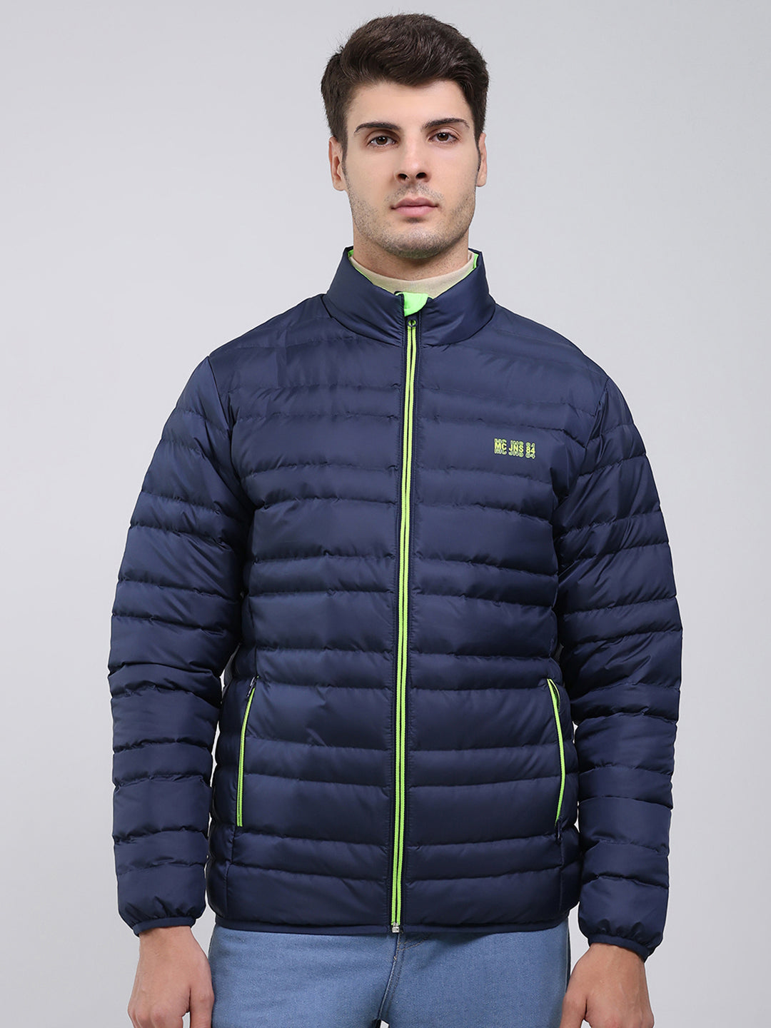 Men Blue Solid Mock Neck Full Sleeve Jacket