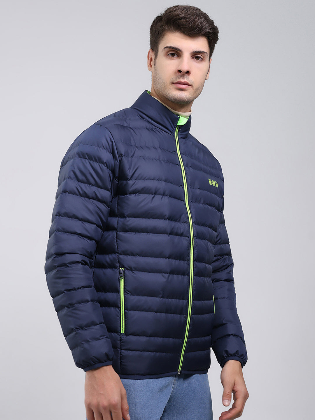Men Blue Solid Mock Neck Full Sleeve Jacket