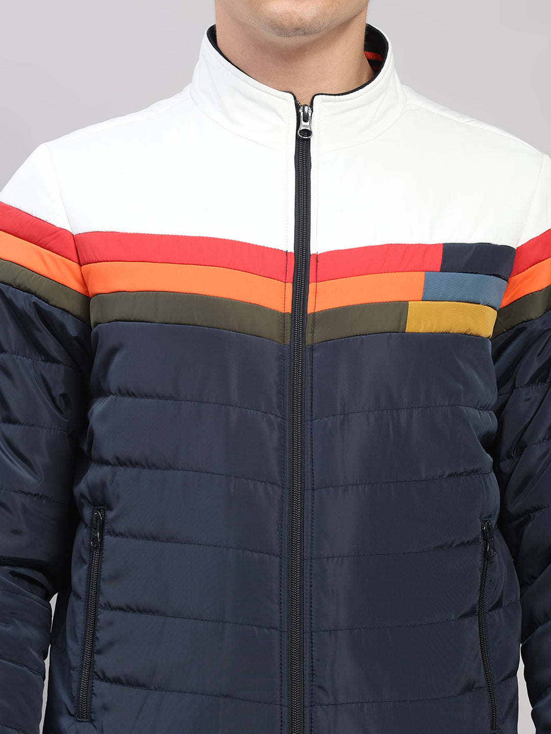 Men Navy Blue Solid Collar Full Sleeve Jacket