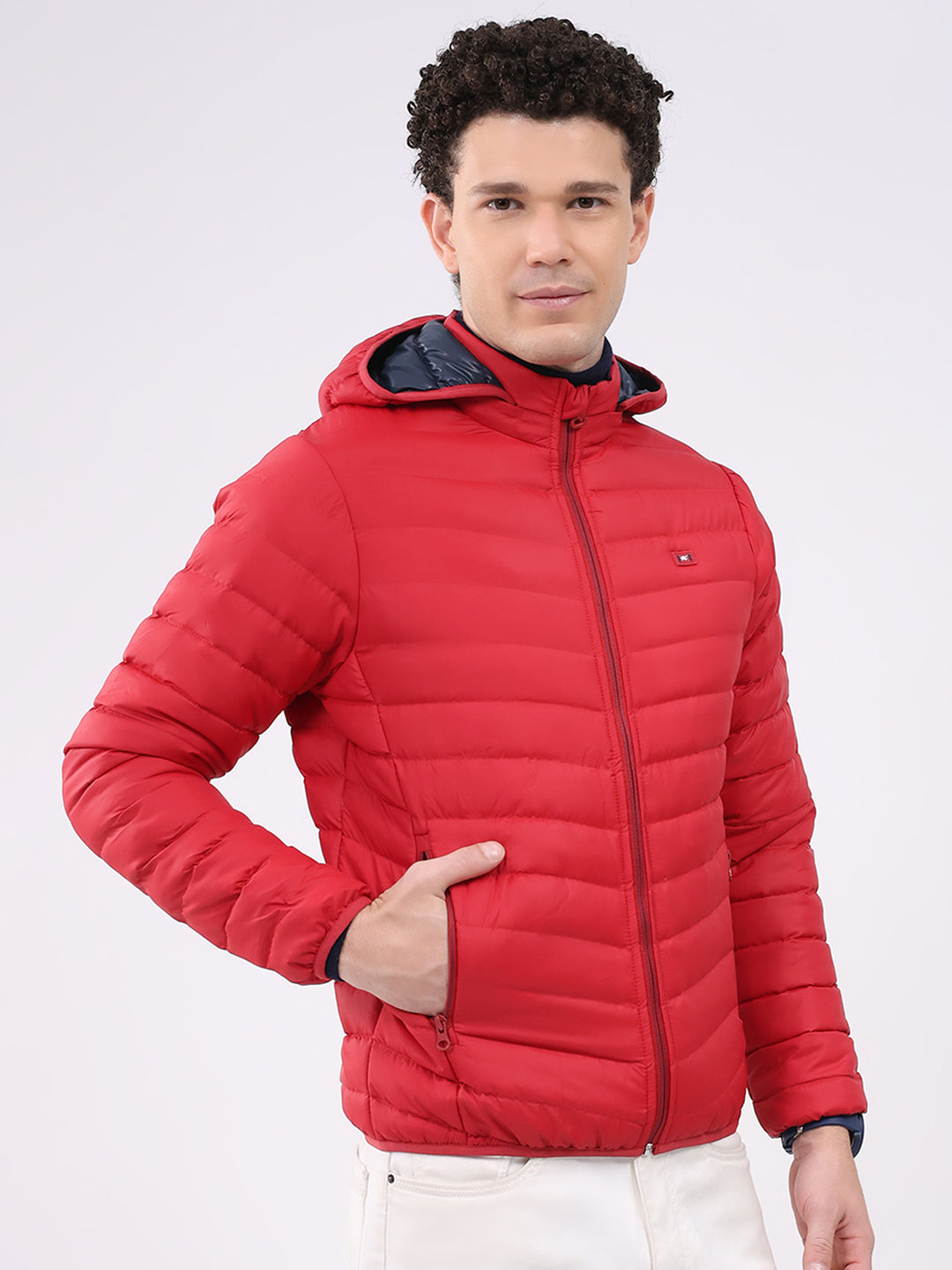 Men Red Solid Hooded Full Sleeve Jacket