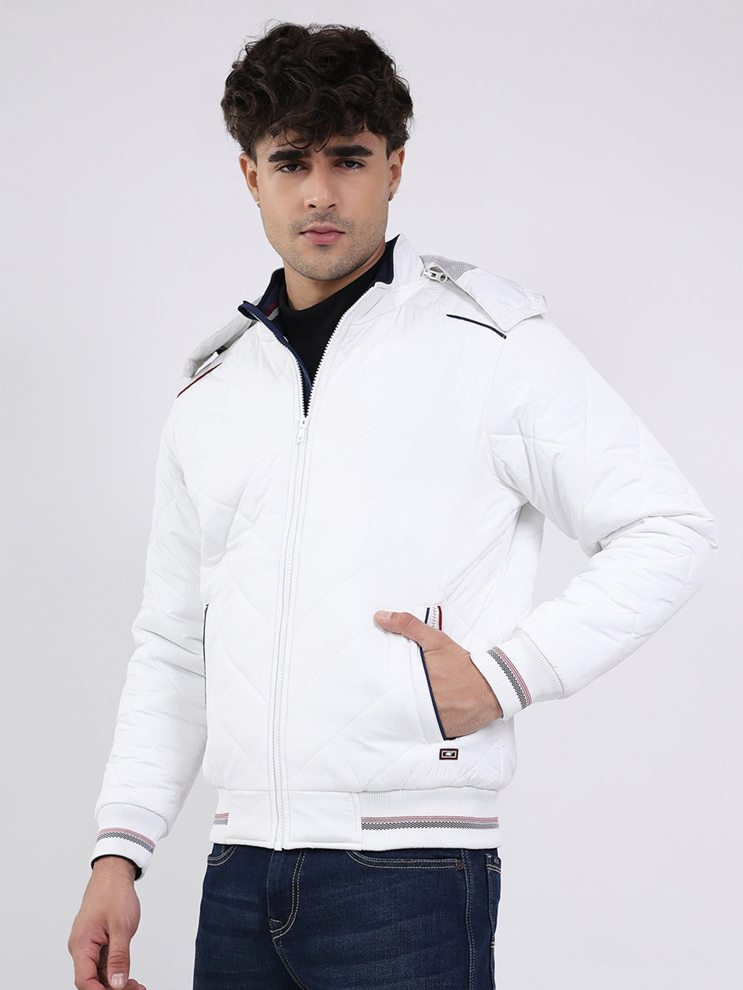 Men White Solid Hooded Full Sleeve Jacket