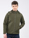 Men Olive Solid Hooded Full Sleeve Jacket