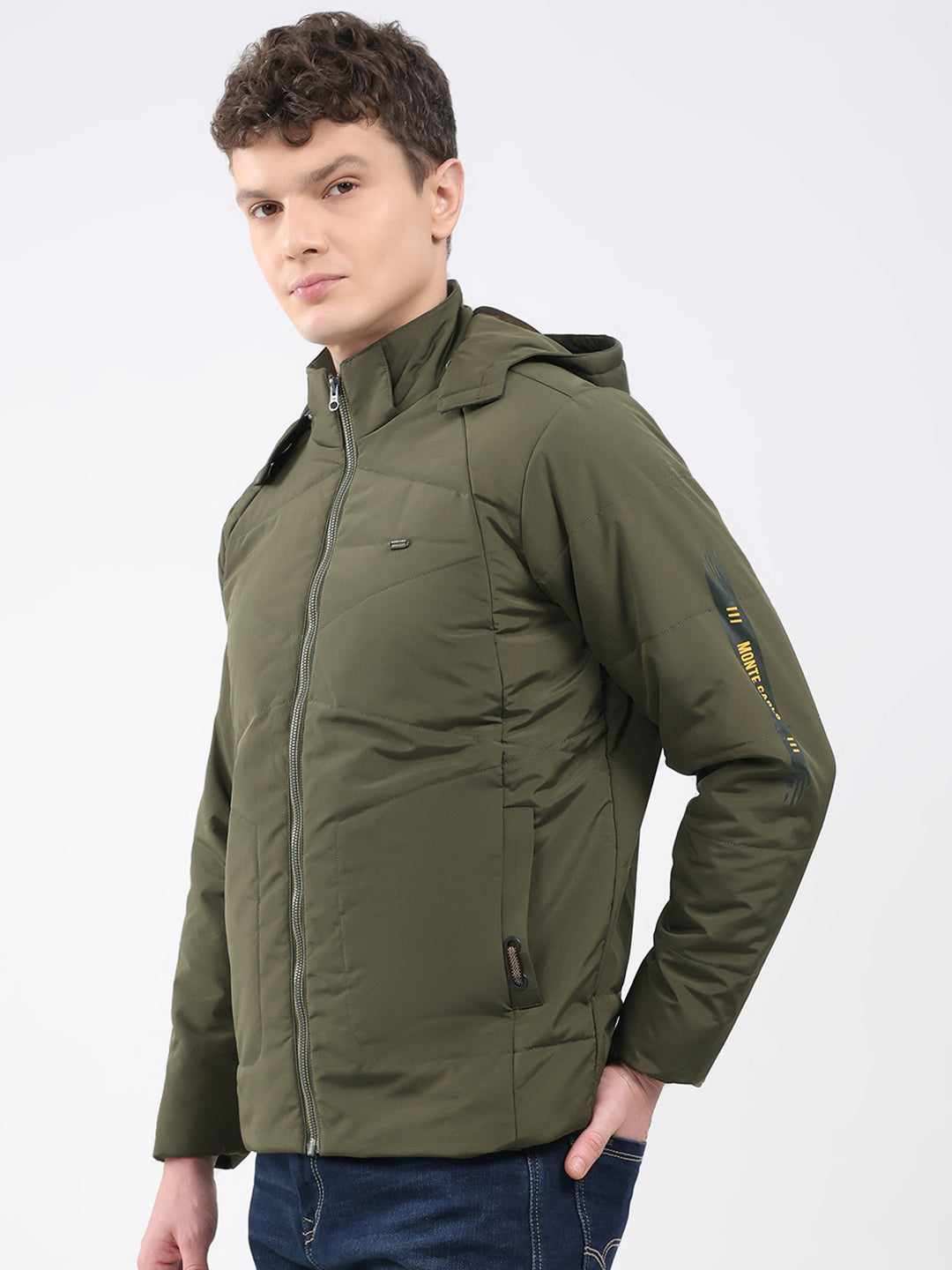 Men Olive Solid Hooded Full Sleeve Jacket