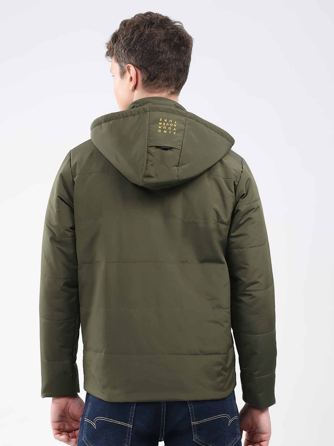Men Olive Solid Hooded Full Sleeve Jacket
