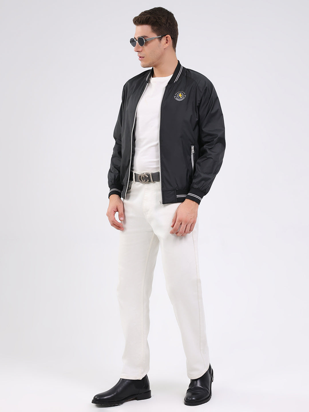 Men Black Solid Mock Neck Full Sleeve Jacket