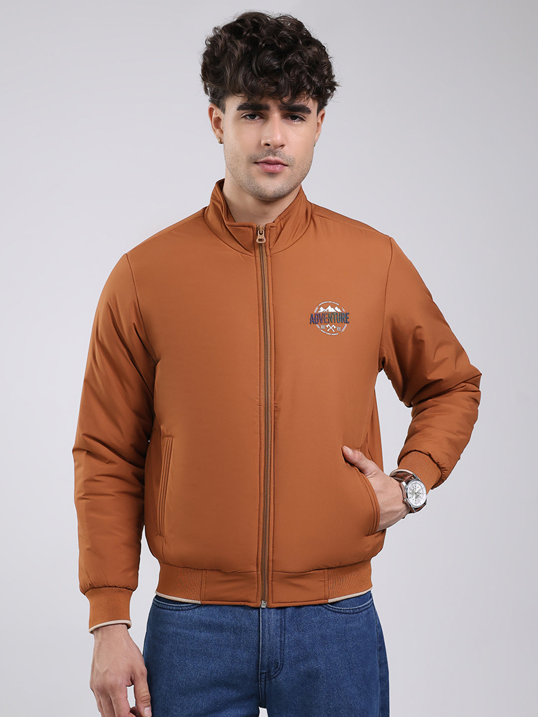 Men Tan Solid Mock Neck Full Sleeve Jacket