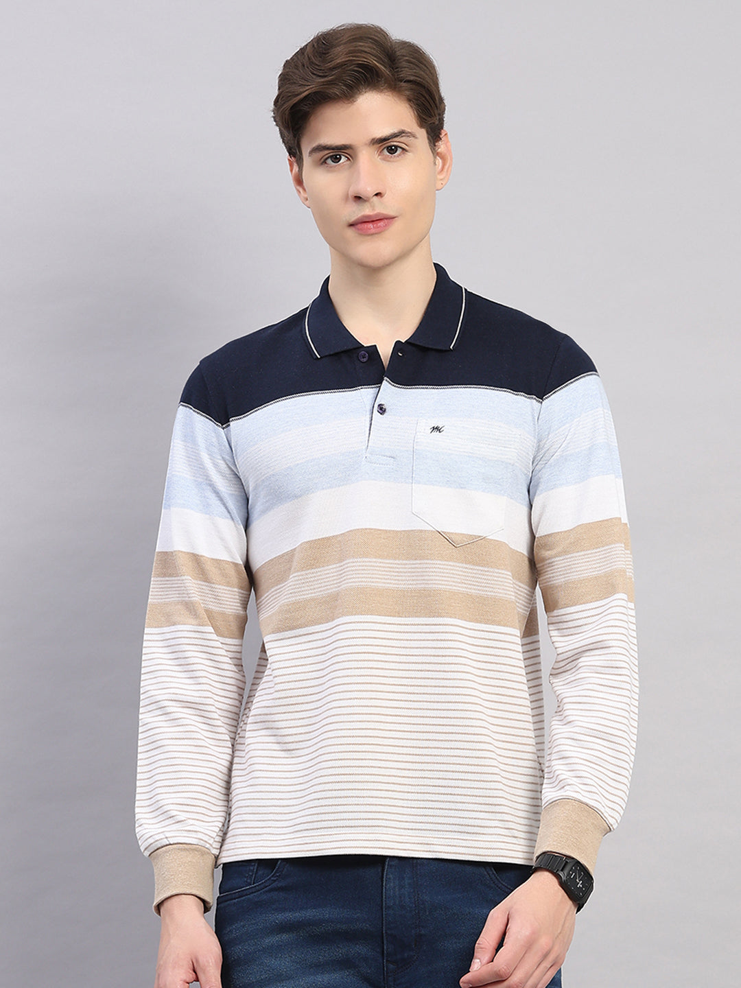Men Sky Blue Stripe Polo Collar Full Sleeve Winter T-Shirt