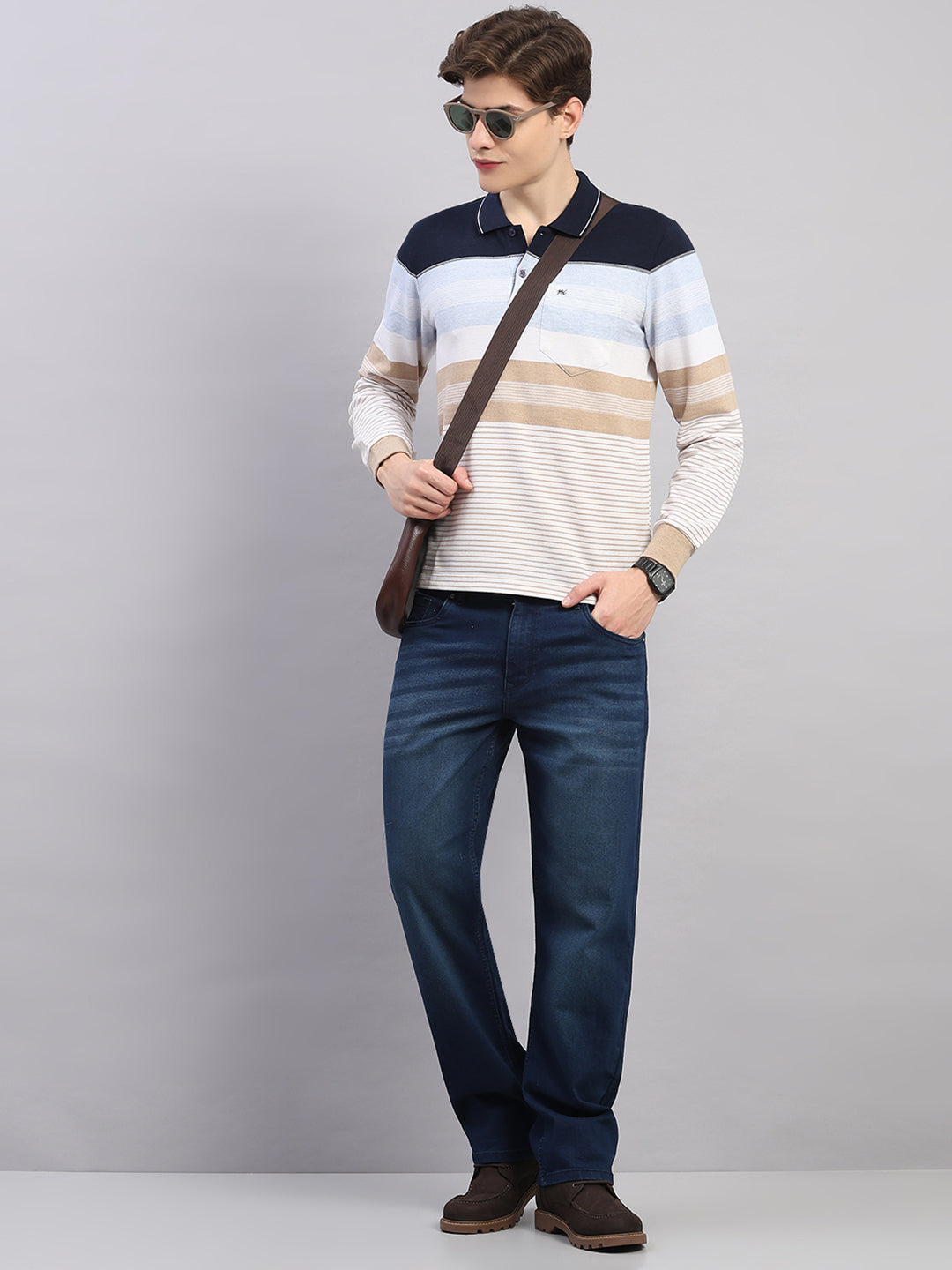 Men Sky Blue Stripe Polo Collar Full Sleeve Winter T-Shirt