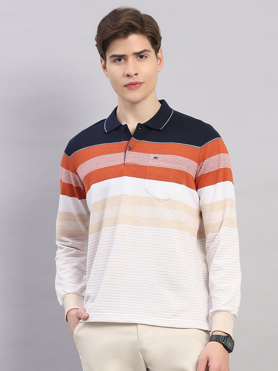 Men Rust Stripe Polo Collar Full Sleeve Winter T-Shirt