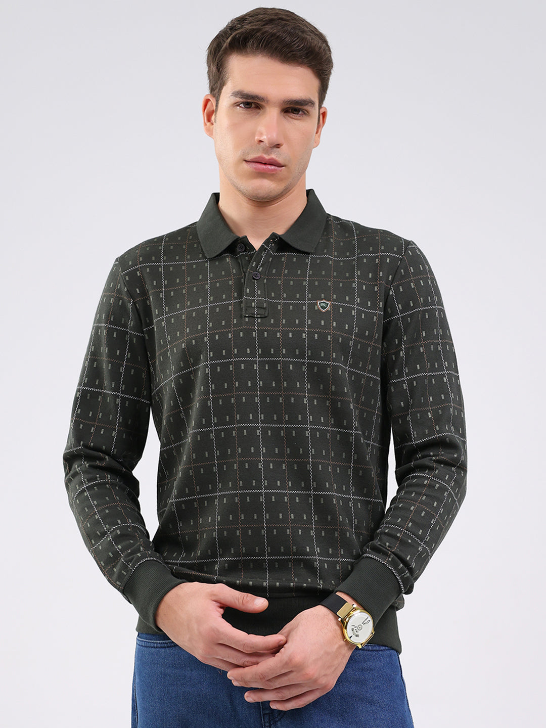 Men Green Stripe Collar Full Sleeve Winter T-Shirt