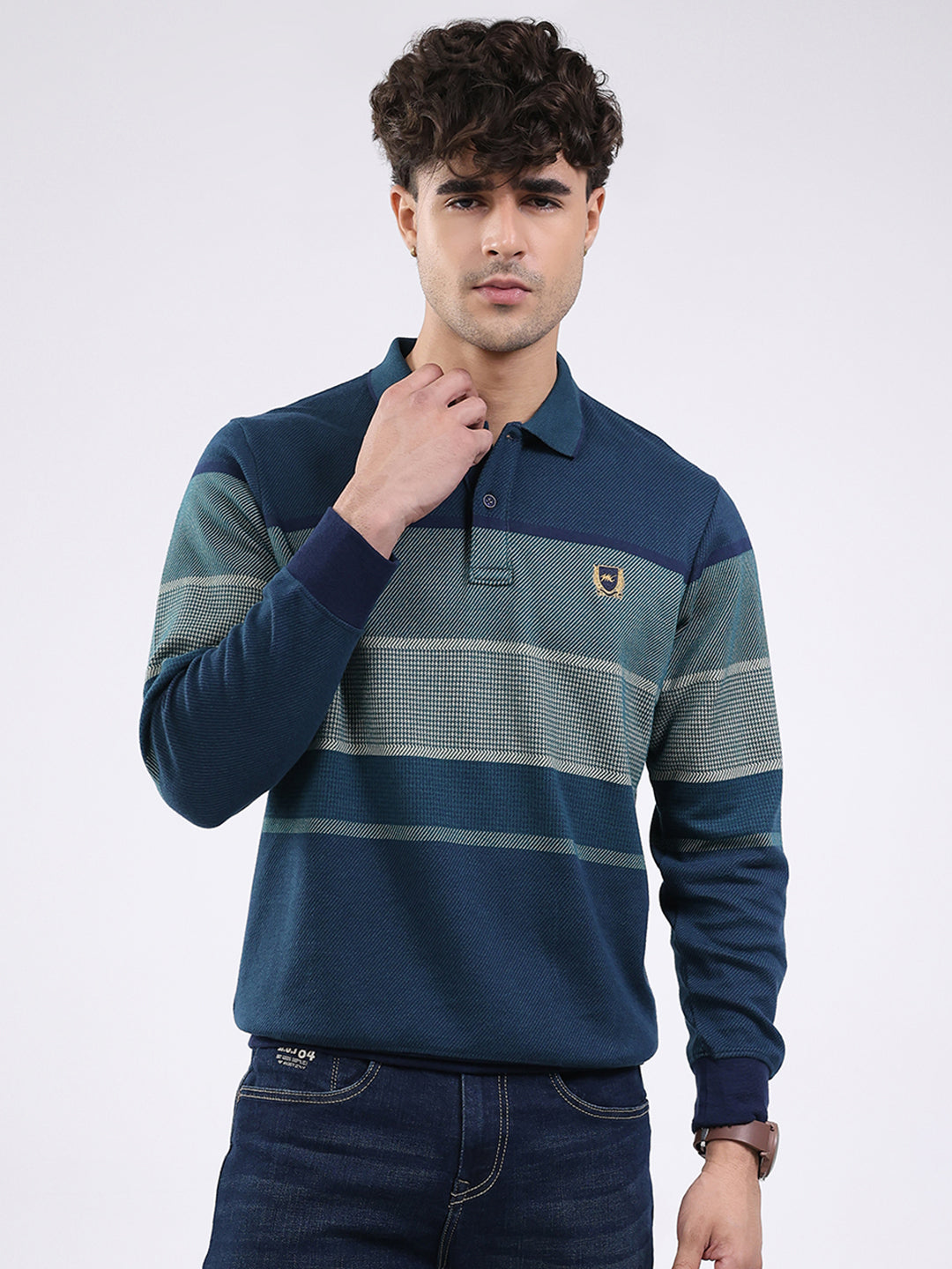 Men Green Solid Collar Full Sleeve Winter T-Shirt