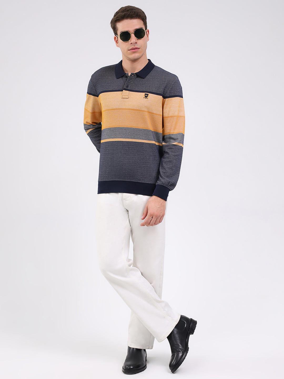 Men Mustard Stripe Collar Full Sleeve Winter T-Shirt