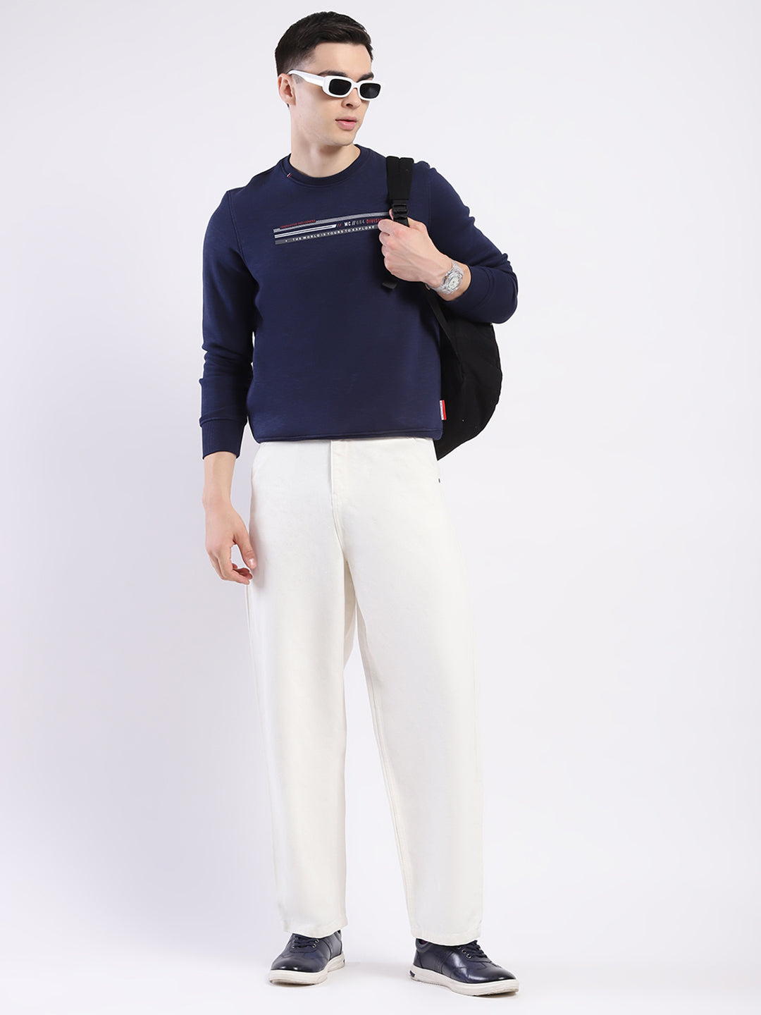 Men Navy Blue Solid Round Neck Full Sleeve Sweatshirt