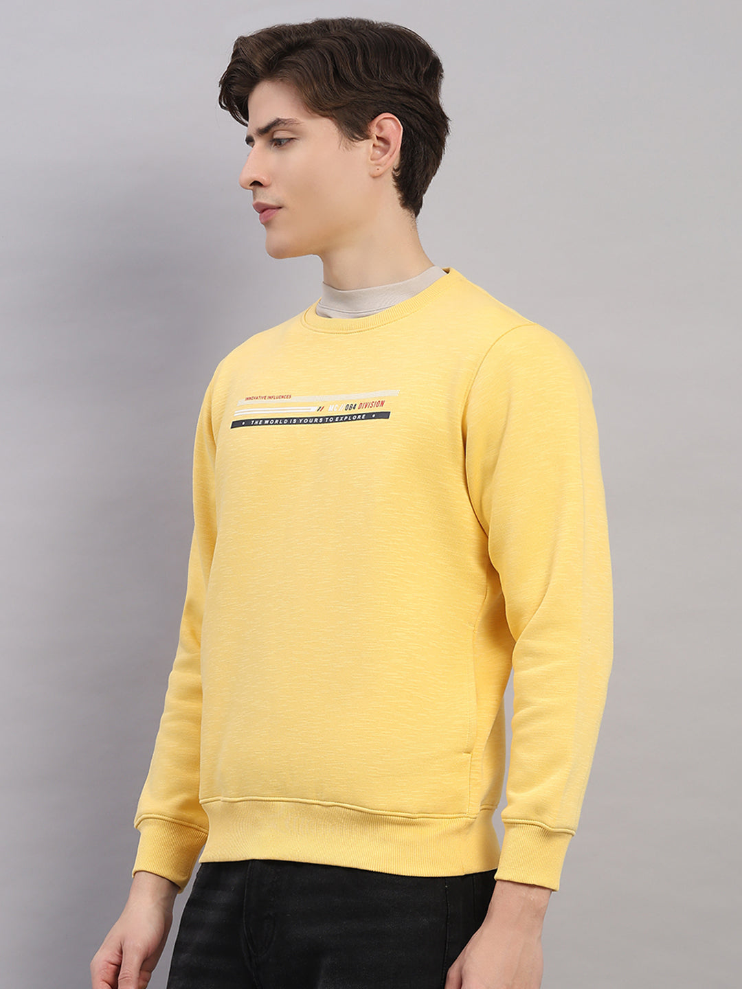 Men Yellow Printed Round Neck Full Sleeve Sweatshirt