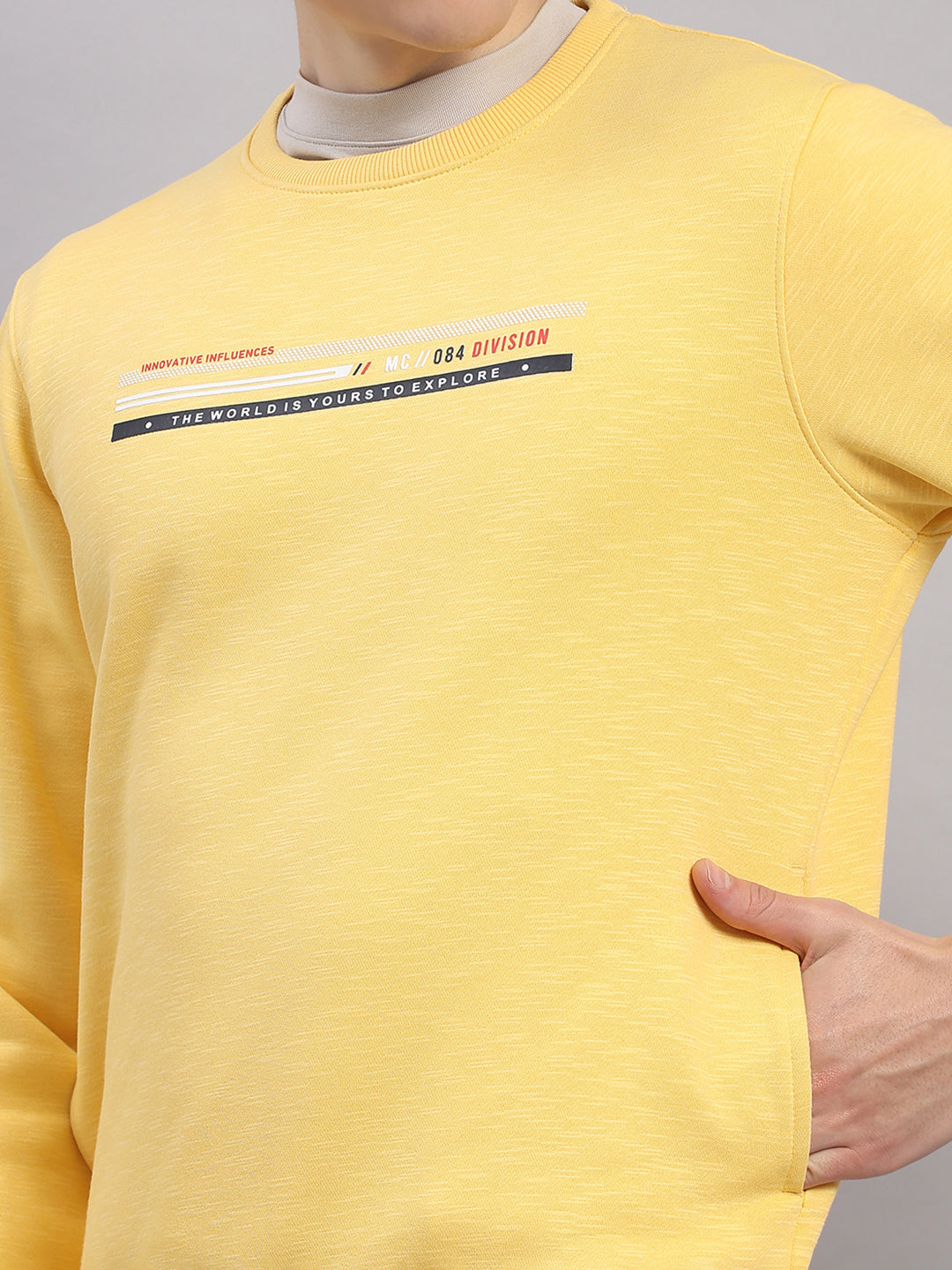 Men Yellow Printed Round Neck Full Sleeve Sweatshirt