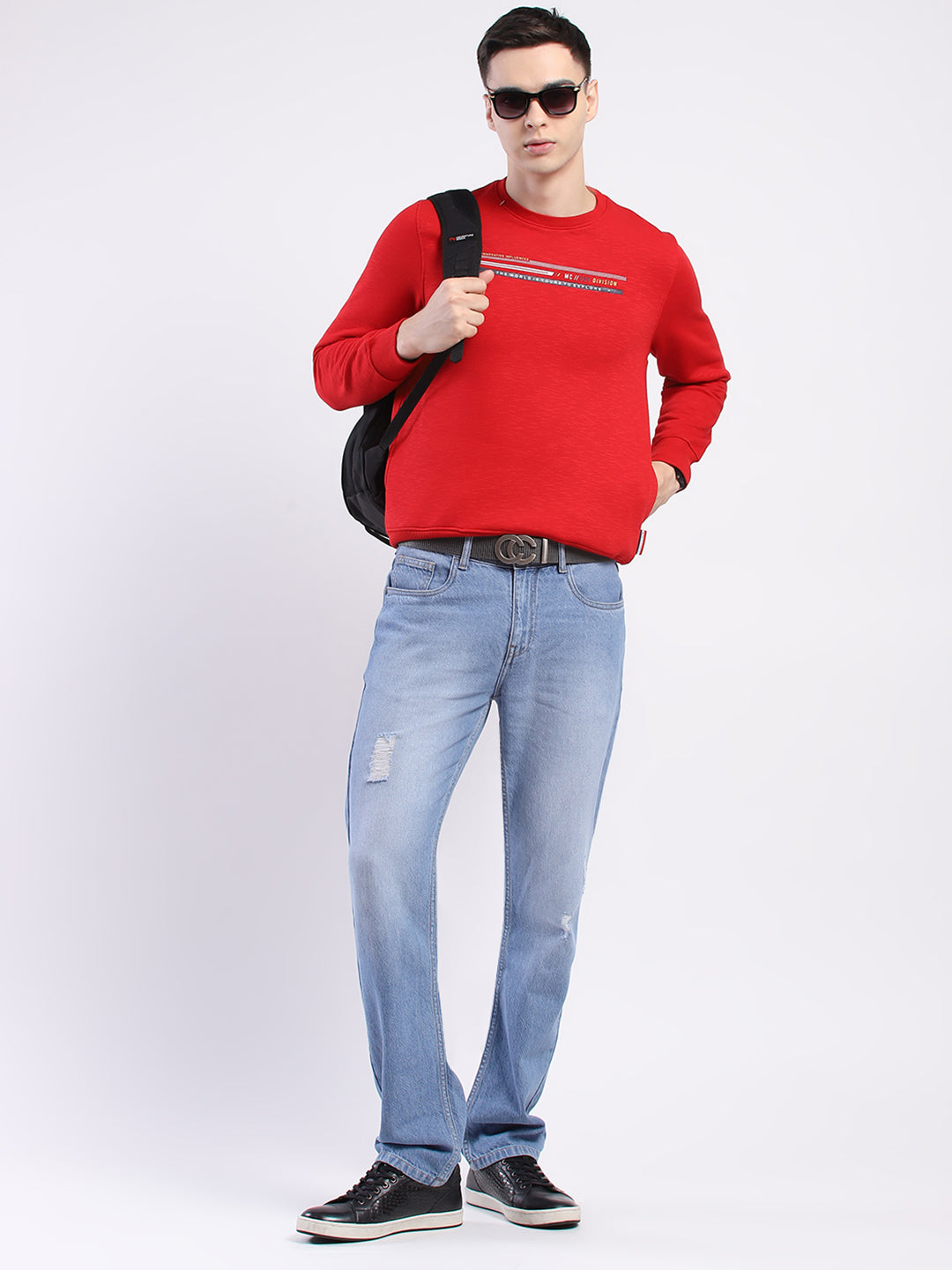 Men Red Solid Round Neck Full Sleeve Sweatshirt