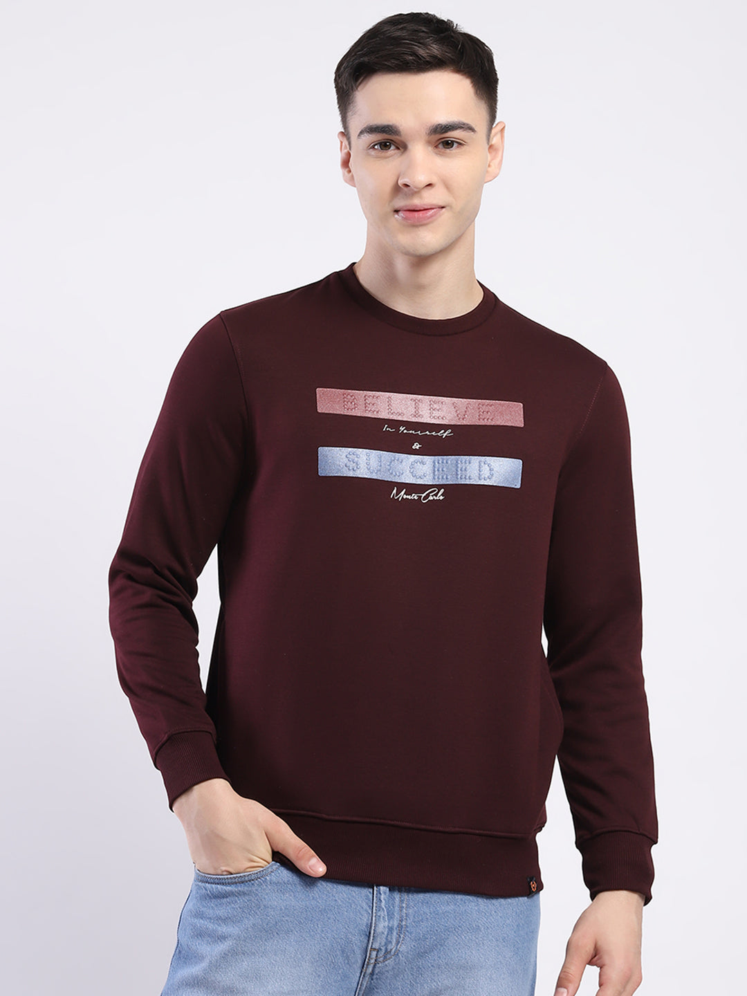 Men Maroon Solid Round Neck Full Sleeve Sweatshirt