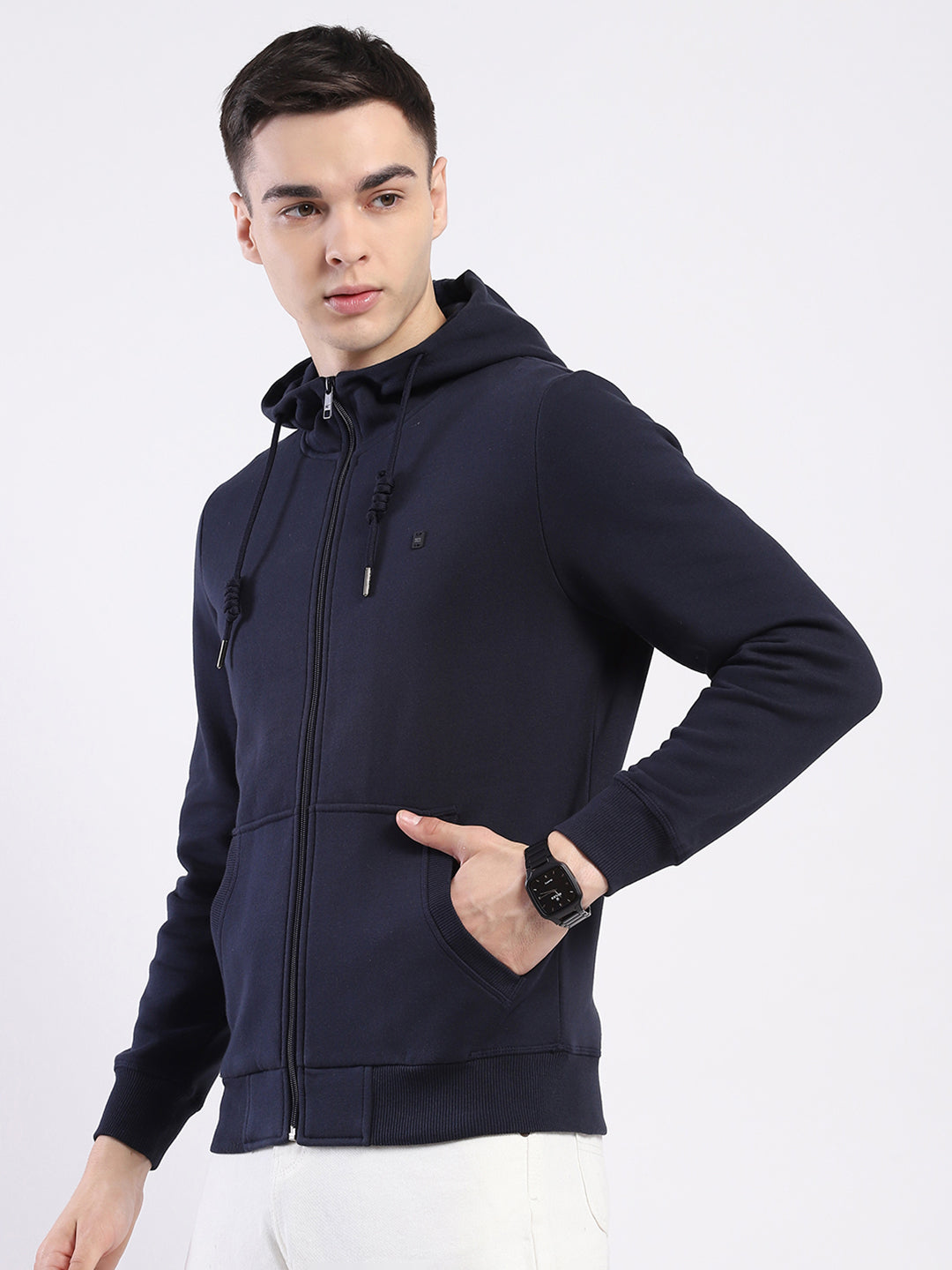 Men Navy Blue Solid Hooded Full Sleeve Sweatshirt