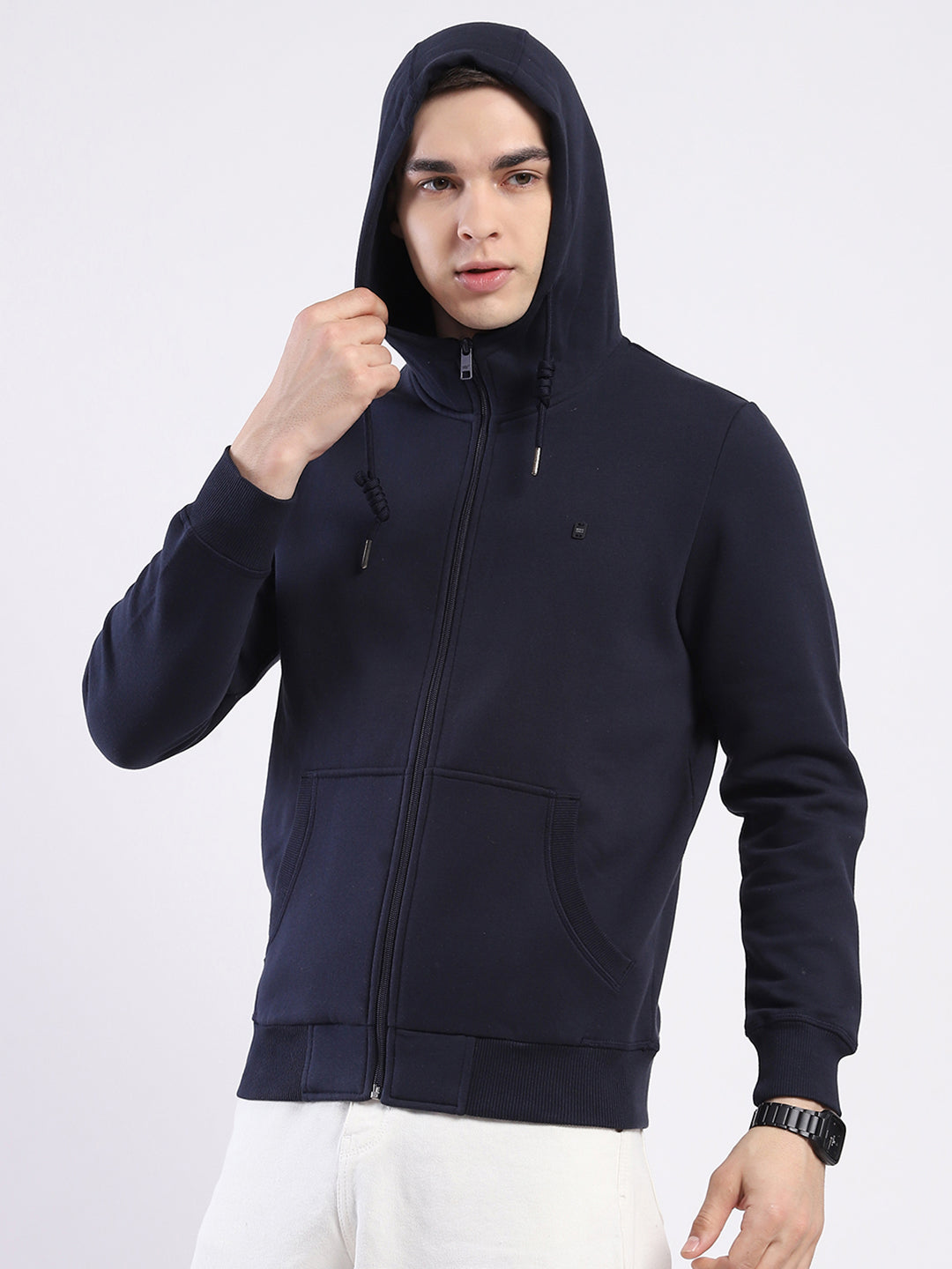 Men Navy Blue Solid Hooded Full Sleeve Sweatshirt