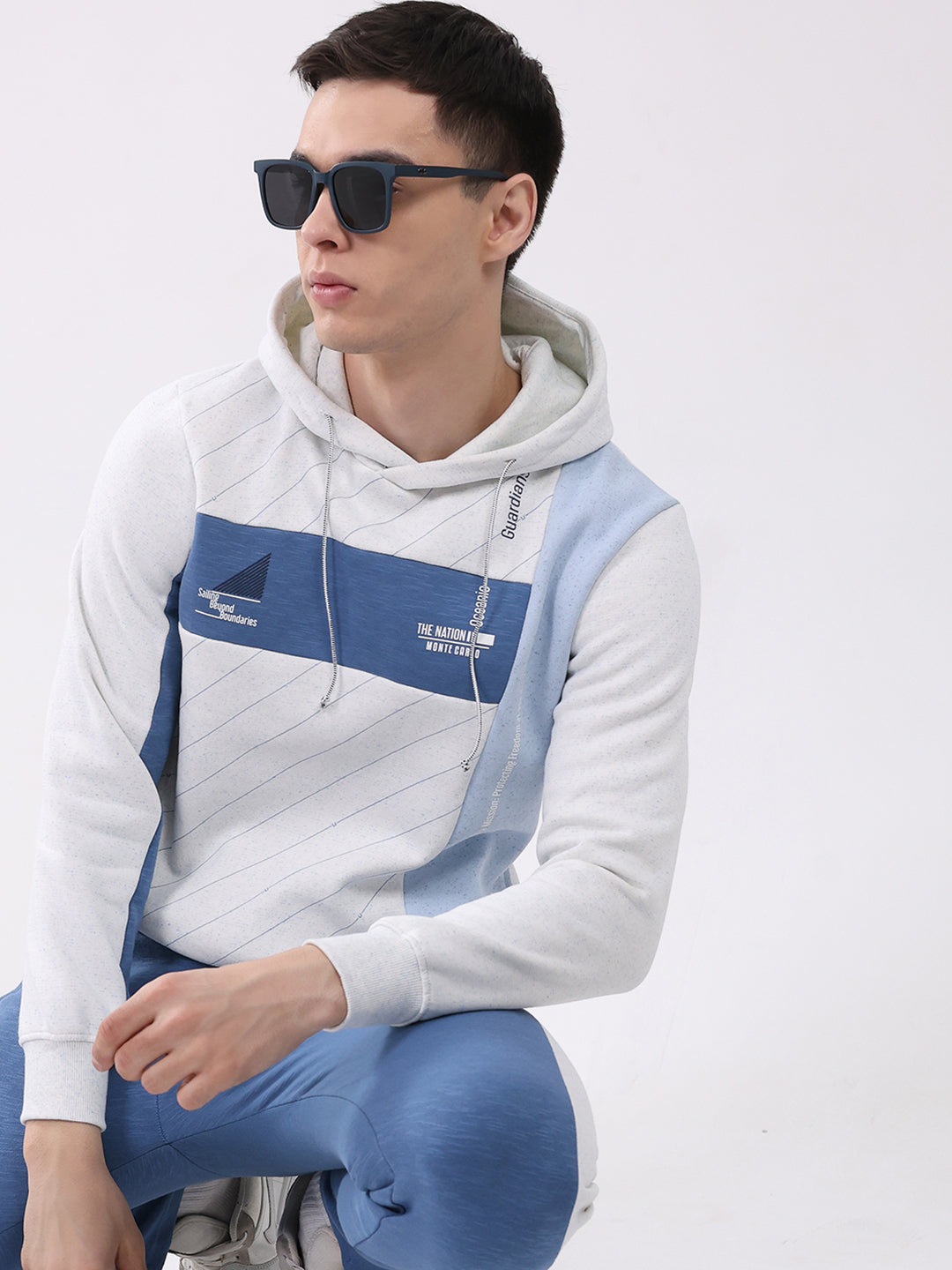 Men Blue Printed Collar Full Sleeve Winter Tracksuit