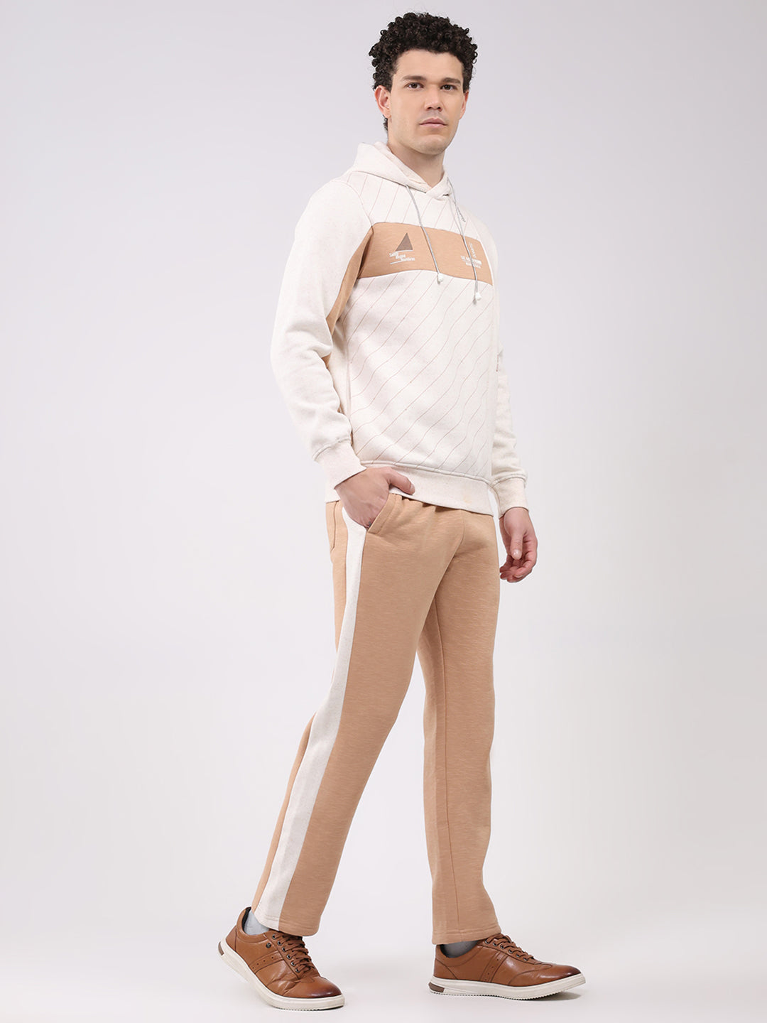 Men Brown Printed Collar Full Sleeve Winter Tracksuit